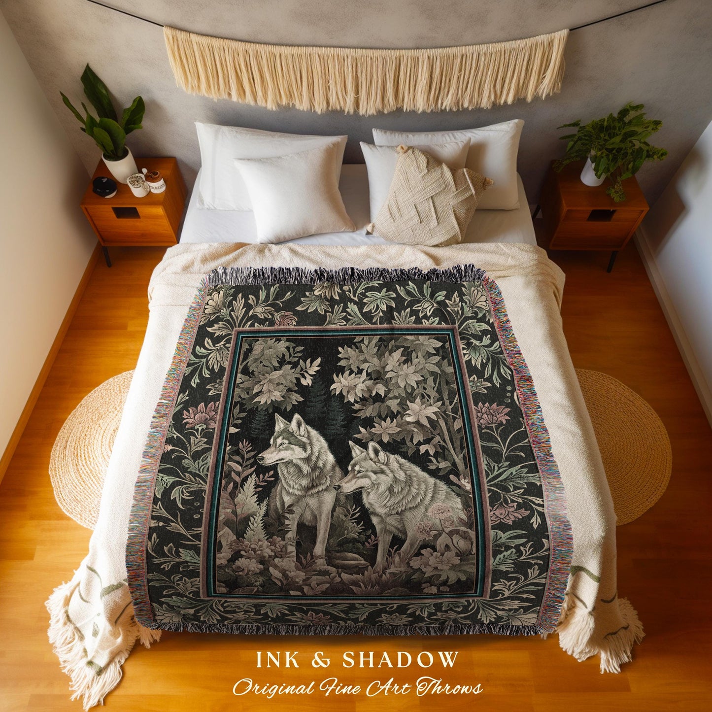 Witchy Woodland Wolves Tapestry | Whimsical Botanical Cozy Woven Throw Blanket Cabincore Bedding Forestcore Bedding Folklore Style Floral |