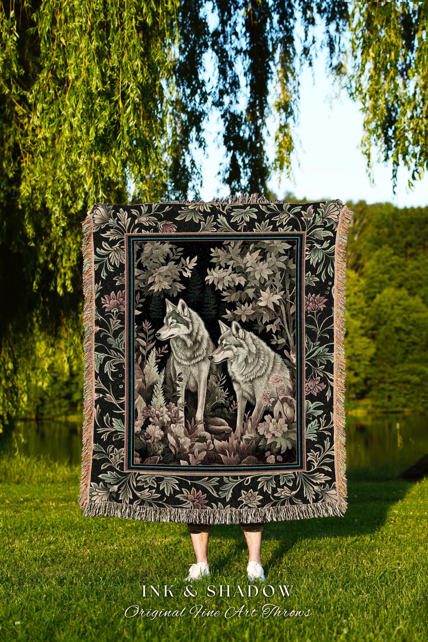 Witchy Woodland Wolves Tapestry | Whimsical Botanical Cozy Woven Throw Blanket Cabincore Bedding Forestcore Bedding Folklore Style Floral |