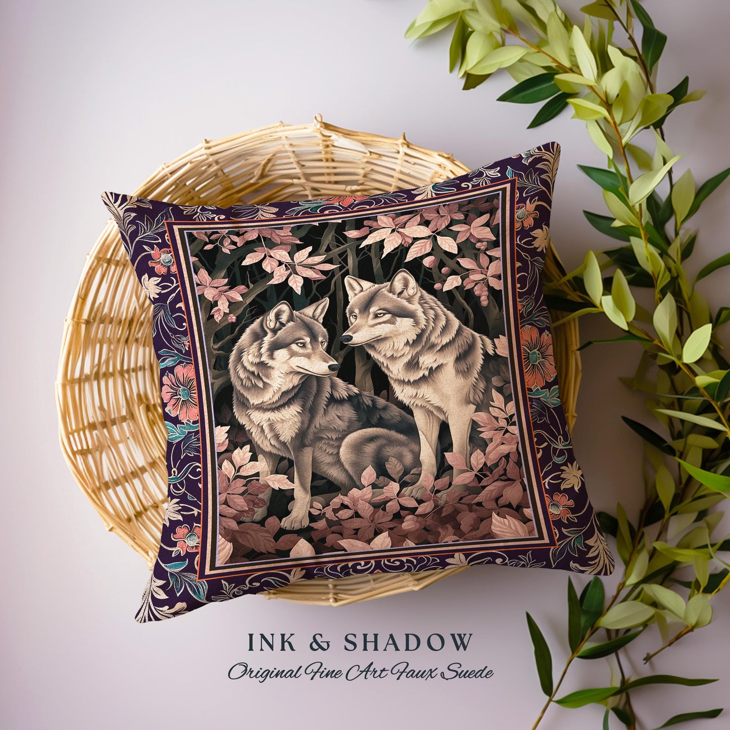 Mystic Wolf Woodland Gothic Pillow Enchanted Forest Wolves Nature Art, Victorian Dark Cottagecore Vintage Botanical Whimsy Tapestry Cushion