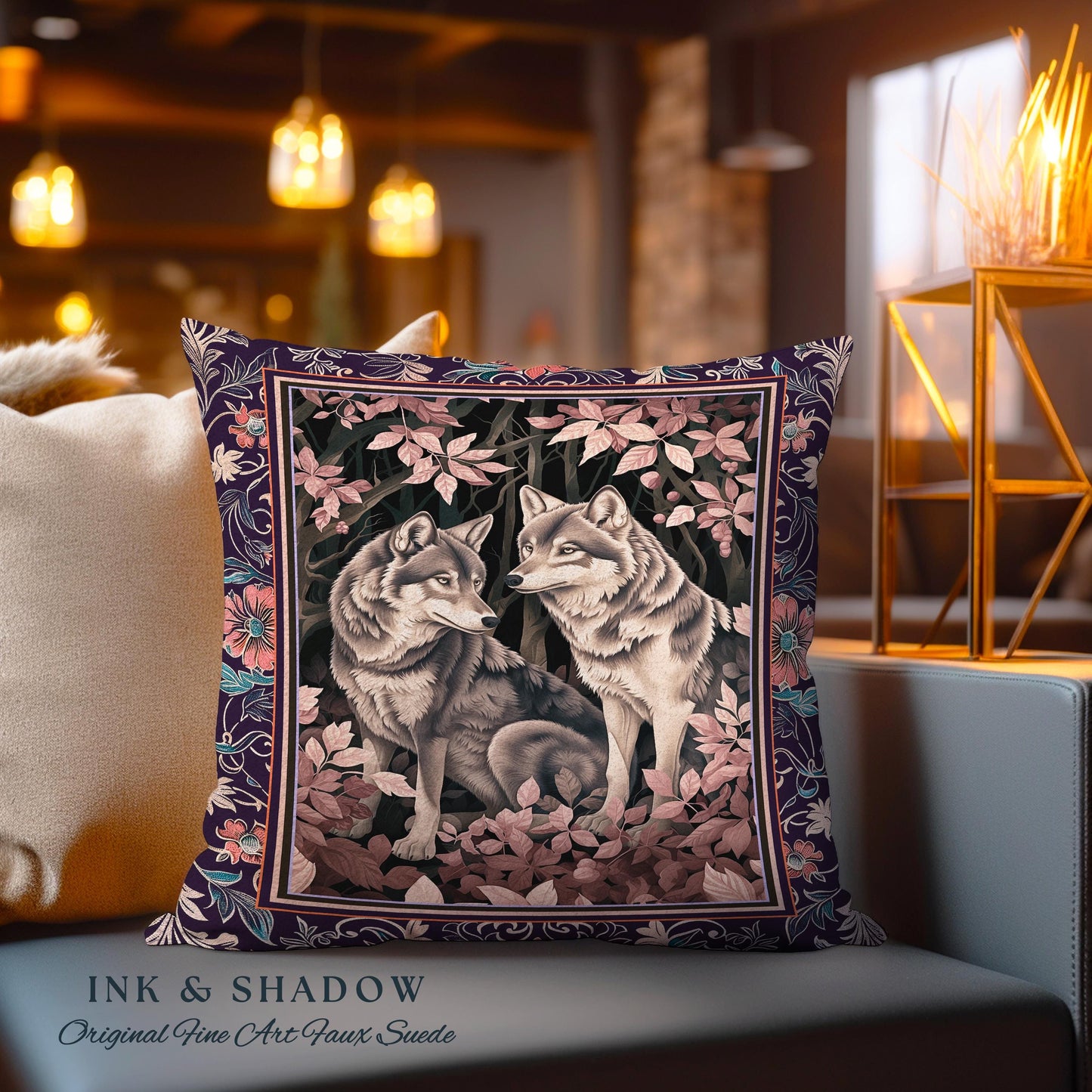 Mystic Wolf Woodland Gothic Pillow Enchanted Forest Wolves Nature Art, Victorian Dark Cottagecore Vintage Botanical Whimsy Tapestry Cushion