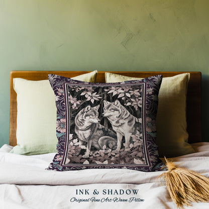 Mystic Wolf Woodland Gothic Pillow Enchanted Forest Wolves Nature Art, Victorian Dark Cottagecore Vintage Botanical Whimsy Tapestry Cushion