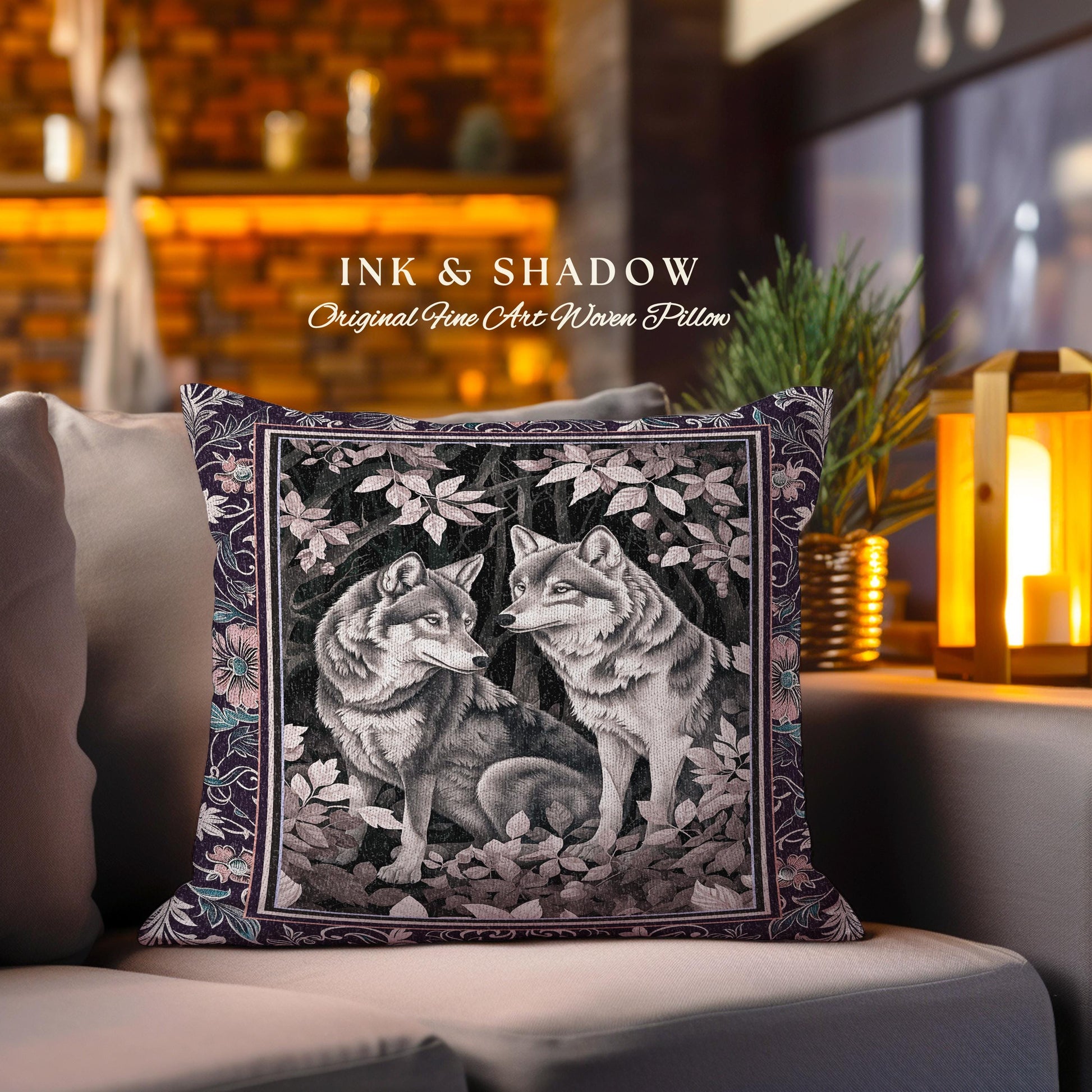 Mystic Wolf Woodland Gothic Pillow Enchanted Forest Wolves Nature Art, Victorian Dark Cottagecore Vintage Botanical Whimsy Tapestry Cushion