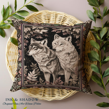 Victorian Gothic Wolf Pillow Dark Enchanted Forest Antique Baroque Decor Whimsical Woodland Wolves Art Medieval Cottagecore Tapestry Cushion