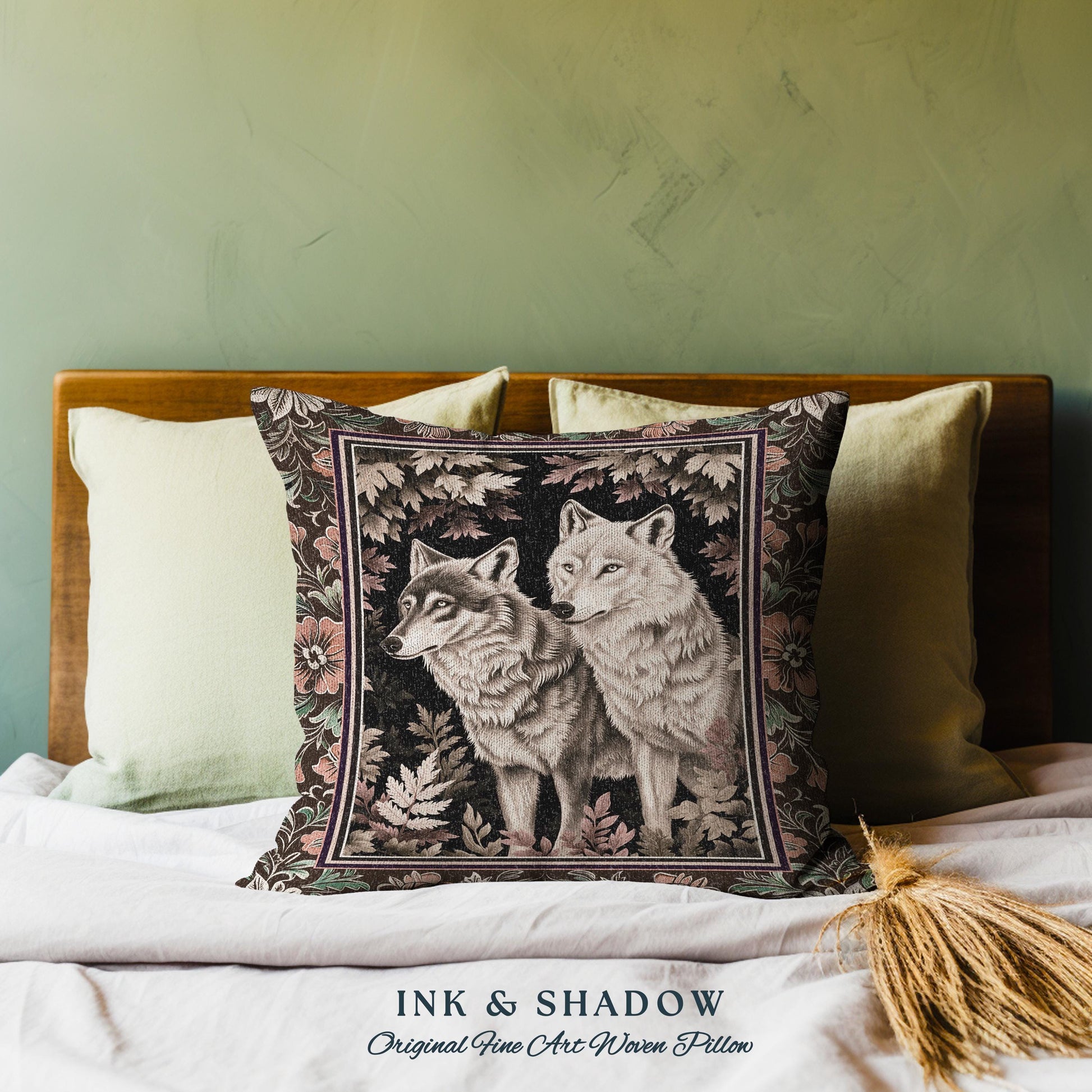 Victorian Gothic Wolf Pillow Dark Enchanted Forest Antique Baroque Decor Whimsical Woodland Wolves Art Medieval Cottagecore Tapestry Cushion