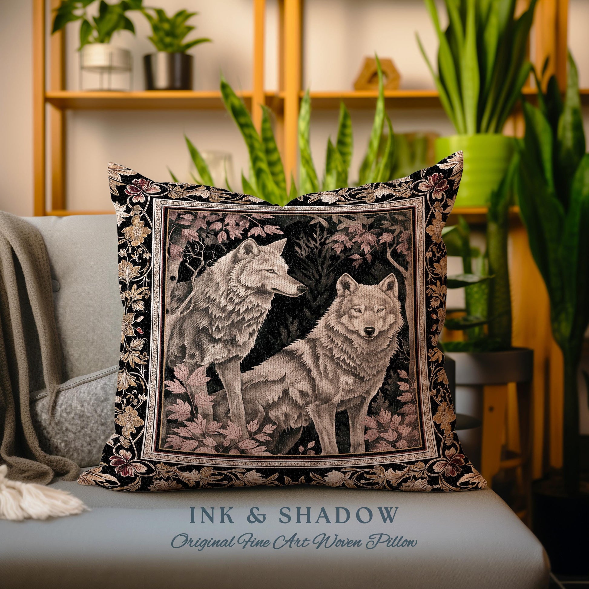 Scandi Woodland Wolf Pillow Nordic Style Whimsical Cottagecore Victorian Gothic Fairytale Decor Enchanted Forest Wolves Art Tapestry Cushion