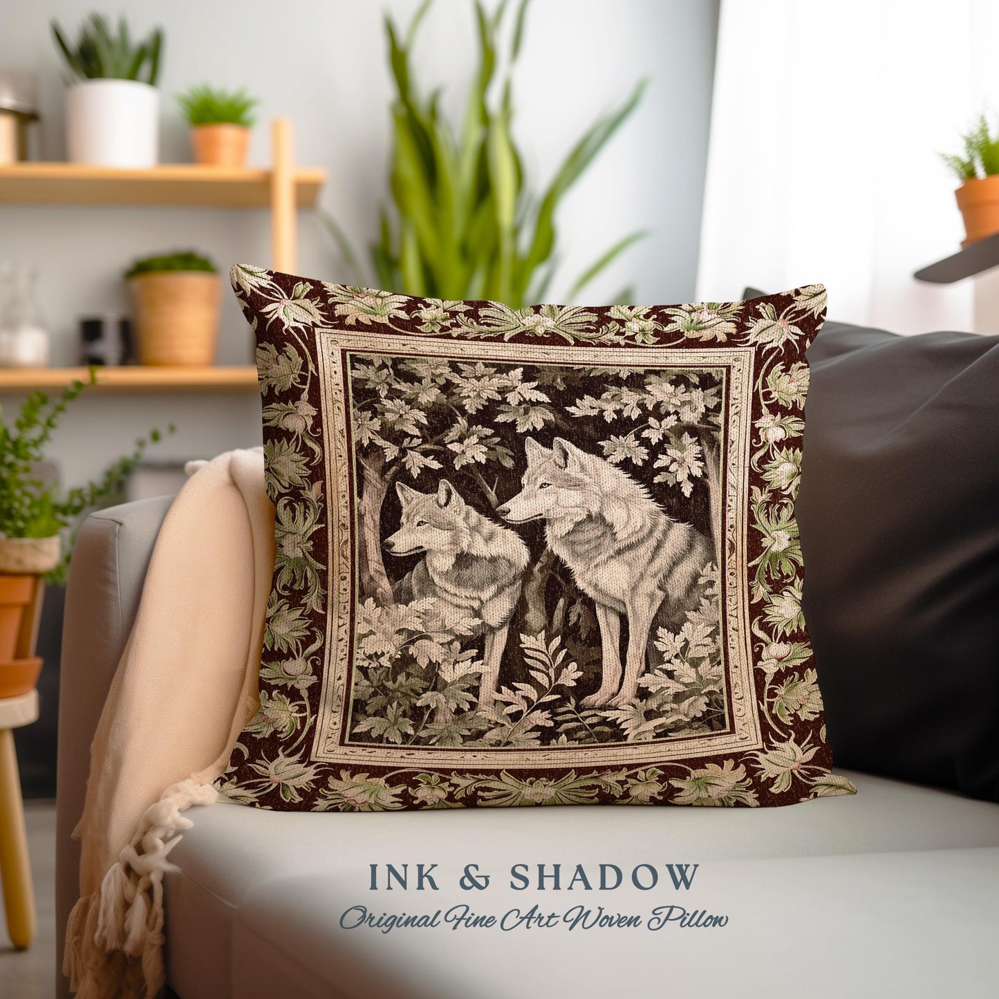 Ethereal Forest Wolves Art Pillow Enchanted Folklore Forestcore Tapestry Cushion, Whimsical Woodland Gothic Ornate Baroque Whimsy Fairycore