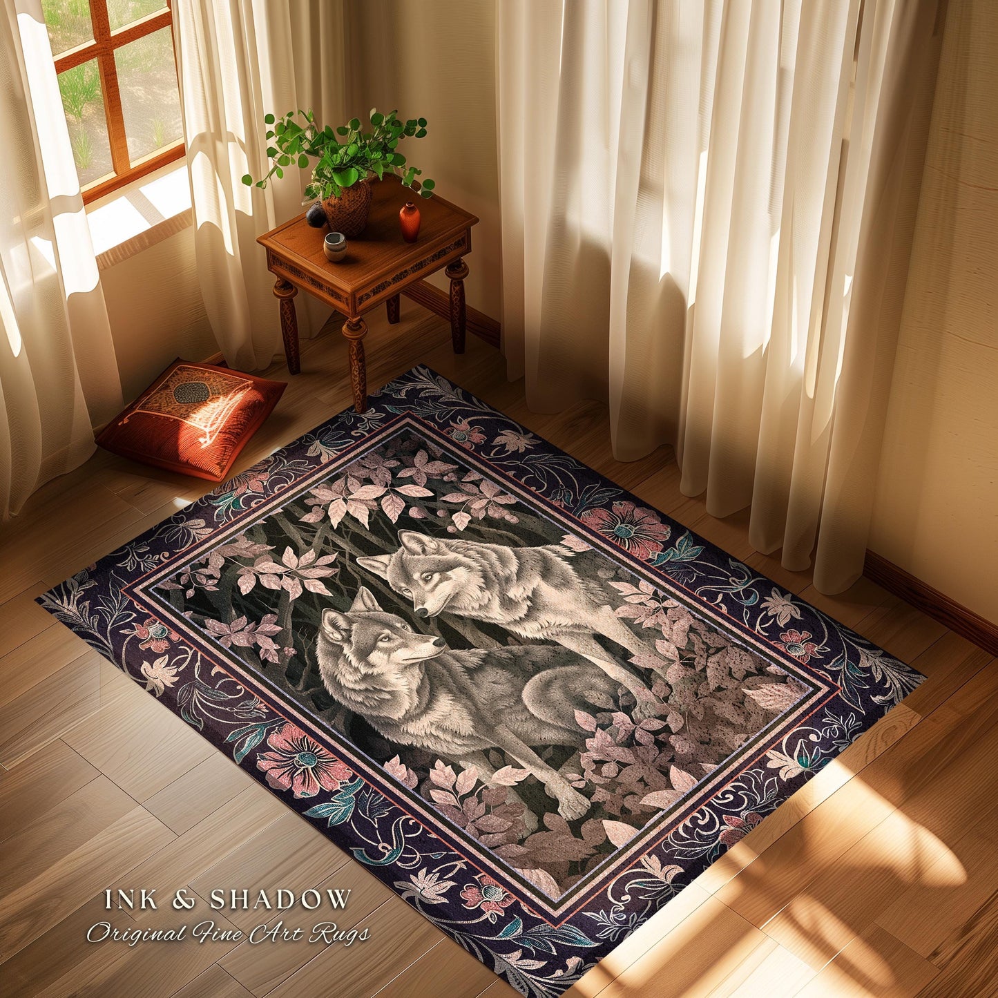 Mystic Wolf Woodland Gothic Rug Enchanted Forest Wolves Nature Art | Victorian Dark Cottagecore Vintage Botanical Aesthetic Whimsical Accent