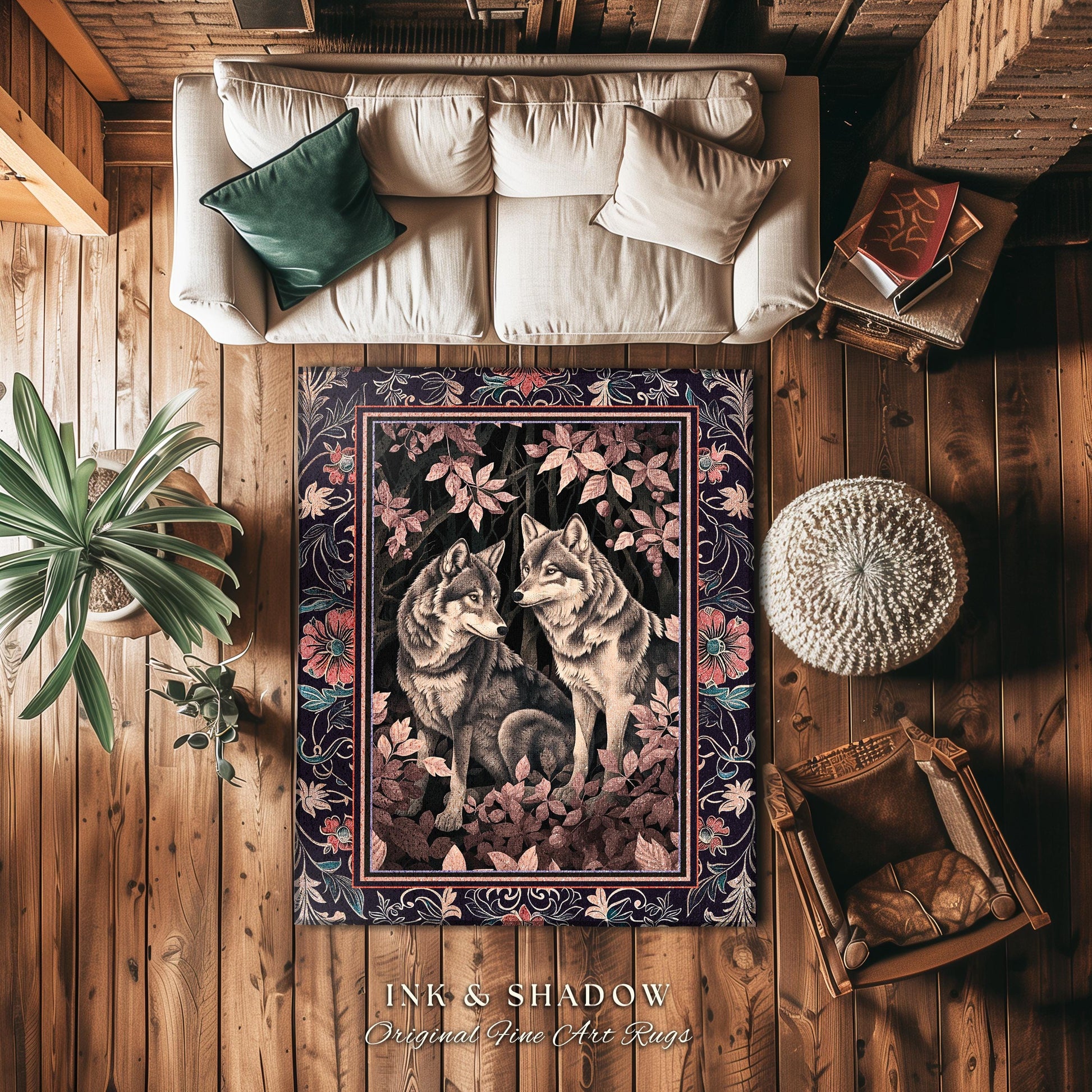 Mystic Wolf Woodland Gothic Rug Enchanted Forest Wolves Nature Art | Victorian Dark Cottagecore Vintage Botanical Aesthetic Whimsical Accent