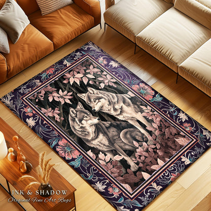 Mystic Wolf Woodland Gothic Rug Enchanted Forest Wolves Nature Art | Victorian Dark Cottagecore Vintage Botanical Aesthetic Whimsical Accent