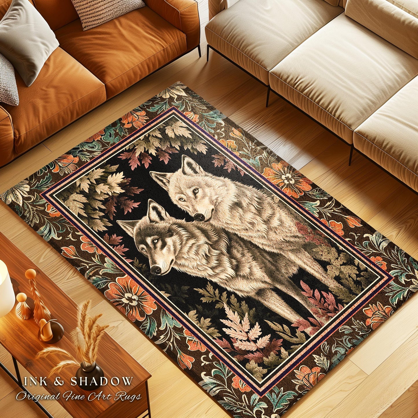 Victorian Gothic Wolf Rug Dark Enchanted Forest Antique Baroque Aesthetic, Whimsical Woodland Wolves Art Medieval Inspired Cottagecore Decor