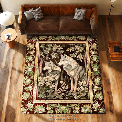 Ethereal Forest Wolves Art Rug Enchanted Folklore Forestcore Decor, Whimsical Woodland Gothic Ornate Baroque Whimsy Dark Fairycore Aesthetic