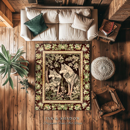 Ethereal Forest Wolves Art Rug Enchanted Folklore Forestcore Decor, Whimsical Woodland Gothic Ornate Baroque Whimsy Dark Fairycore Aesthetic