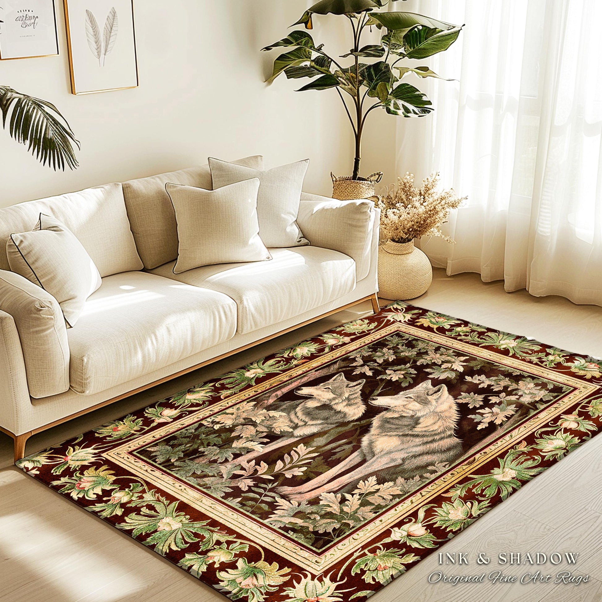 Ethereal Forest Wolves Art Rug Enchanted Folklore Forestcore Decor, Whimsical Woodland Gothic Ornate Baroque Whimsy Dark Fairycore Aesthetic