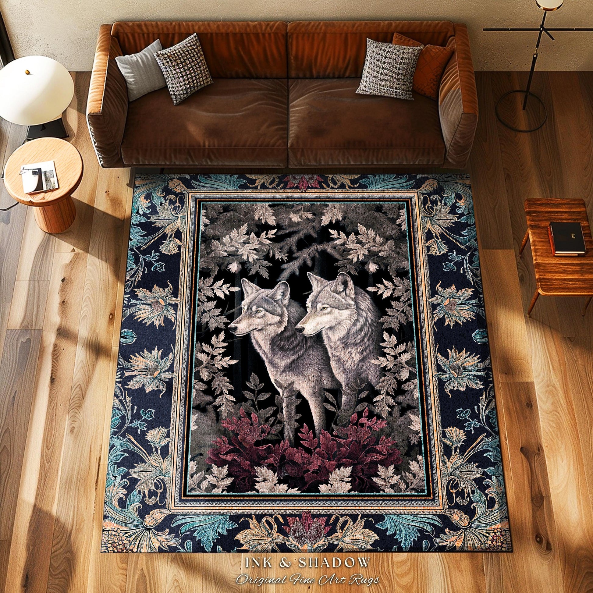 Dark Maximalist Wolf Accent Rug | Woodland Gothic Wolf Area Rug Nordic Style Whimsical Forestcore Decor Victorian Gothic Fairytale Artwork |