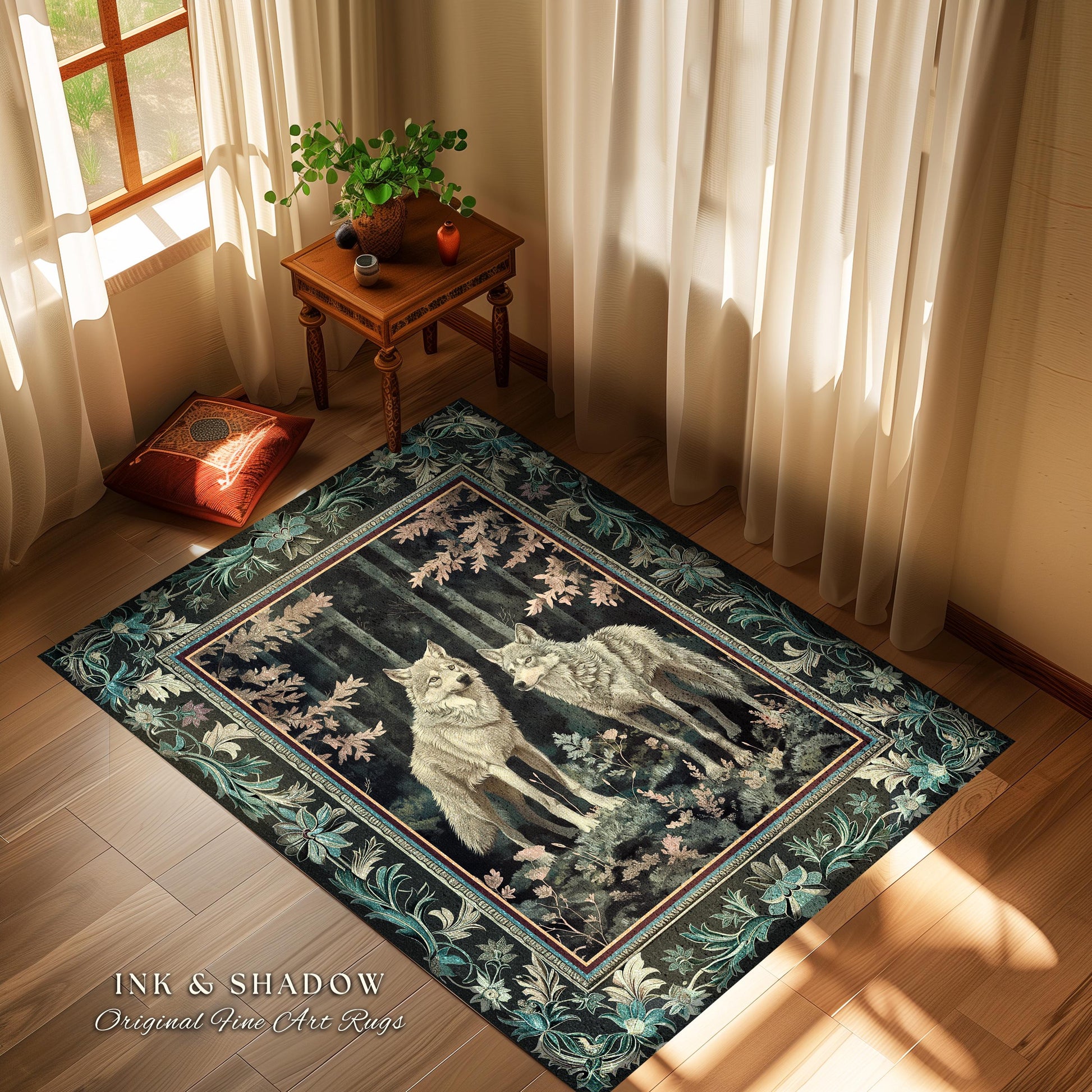 Deep Woods Moody Wolf Rug | Forestcore Botanical Gothic Area Rug Dark Academia Style Fairytale Bedroom Victorian Dark Maximalist Woodland |