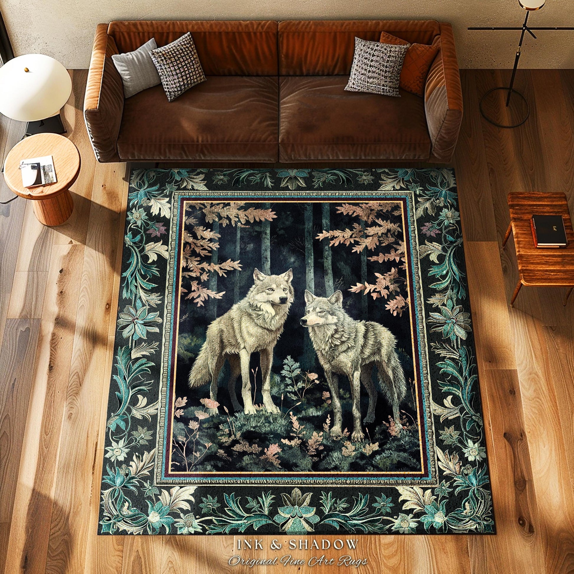 Deep Woods Moody Wolf Rug | Forestcore Botanical Gothic Area Rug Dark Academia Style Fairytale Bedroom Victorian Dark Maximalist Woodland |