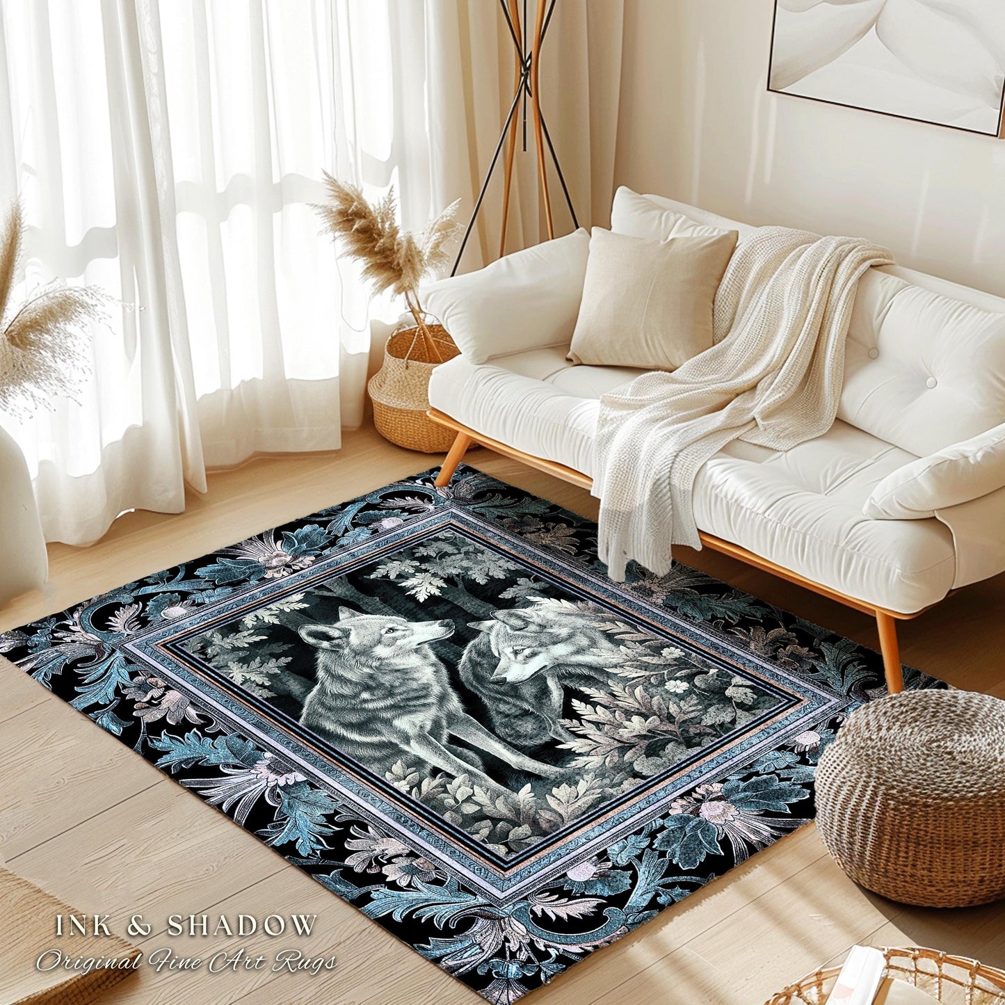 Icy Blue Mystic Wolf Area Rug | Woodland Ethereal Forest Fairy Victorian Gothic Style Whimsical Cottagecore Decor Enchanted Forest Accent |