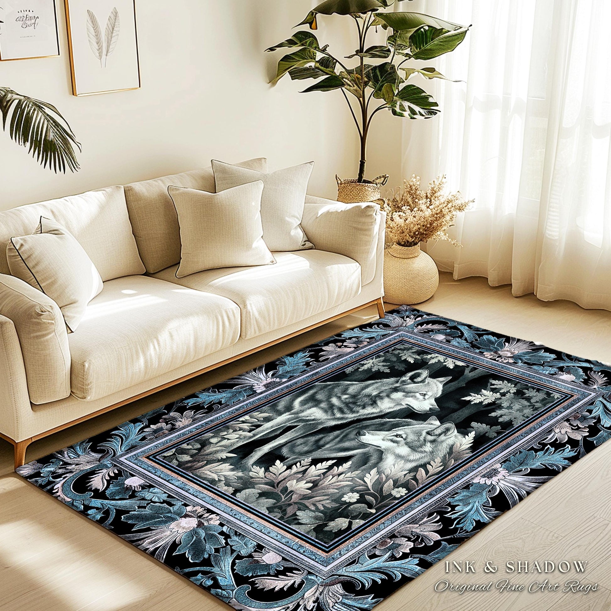 Icy Blue Mystic Wolf Area Rug | Woodland Ethereal Forest Fairy Victorian Gothic Style Whimsical Cottagecore Decor Enchanted Forest Accent |