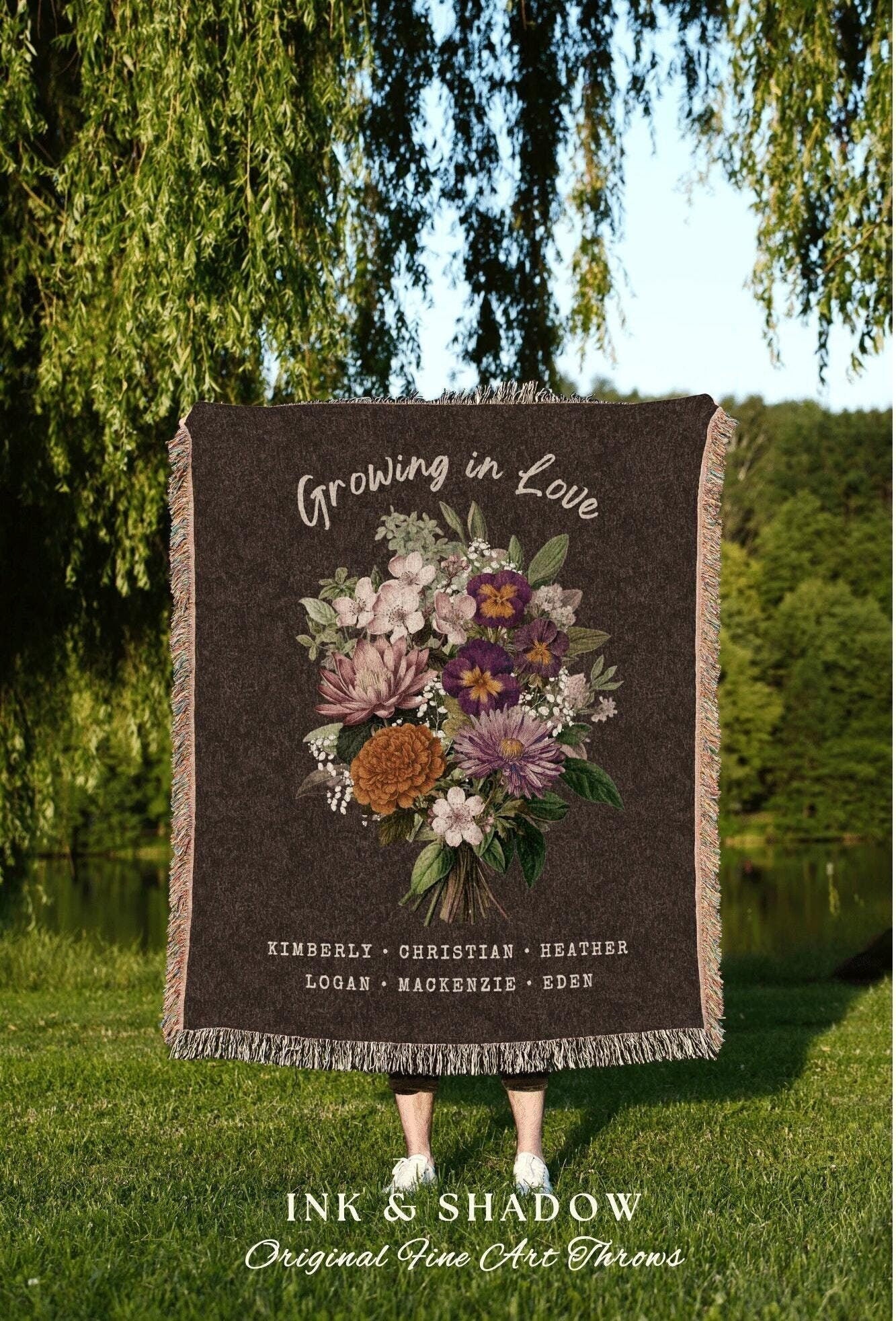 Vintage Custom Birth Flower Bouquet Blanket Personalized Family Keepsake Gift for Mom Garden Birth Flowers Grandmas Garden Throw Family Gift