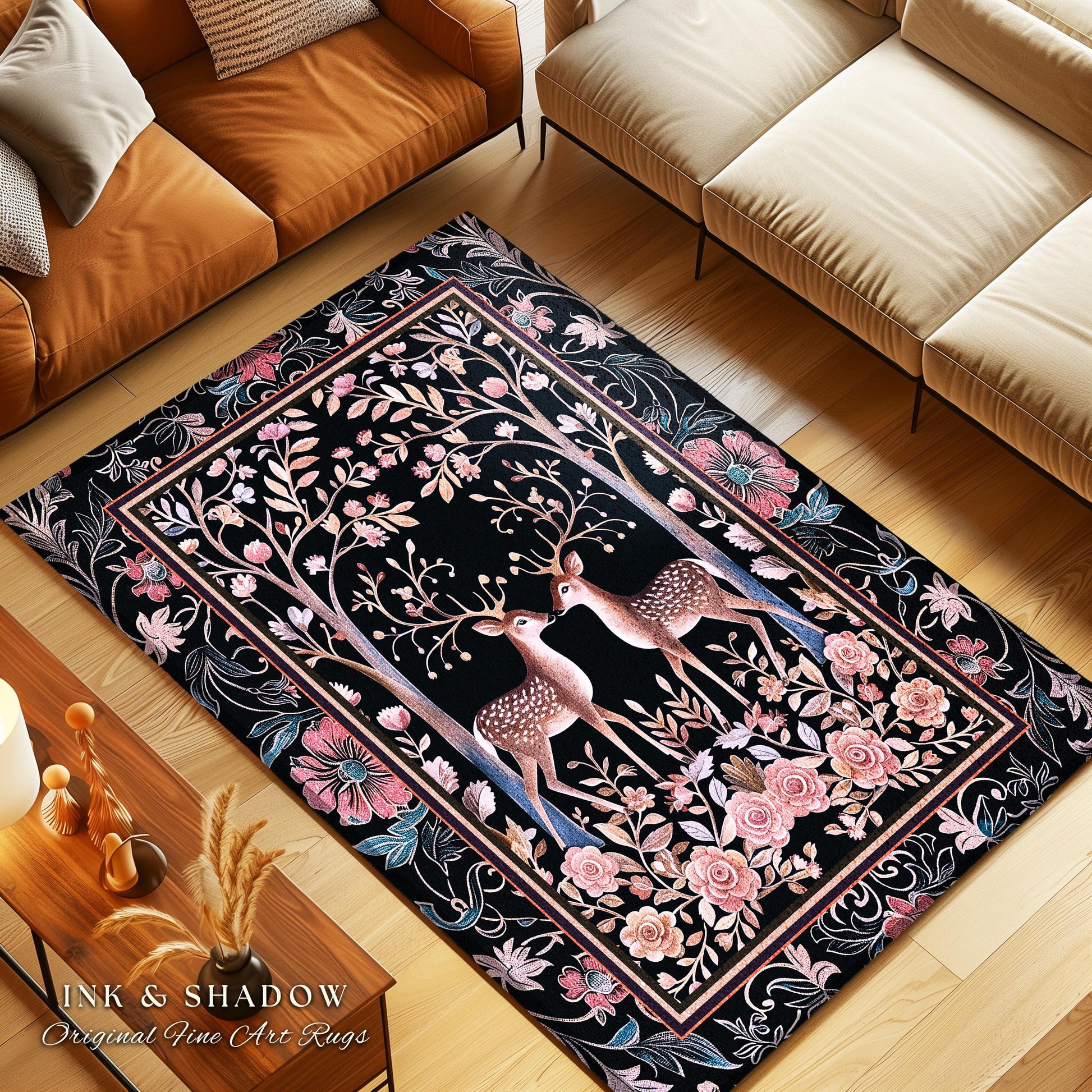 Boho Ethereal Deer Area Rug | Woodland Folklore Accent Rug Magical Fairycore Decor Dark Cottagecore Pastel Gothic Fairytale Rug Lightweight