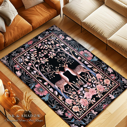 Boho Ethereal Deer Area Rug | Woodland Folklore Accent Rug Magical Fairycore Decor Dark Cottagecore Pastel Gothic Fairytale Rug Lightweight