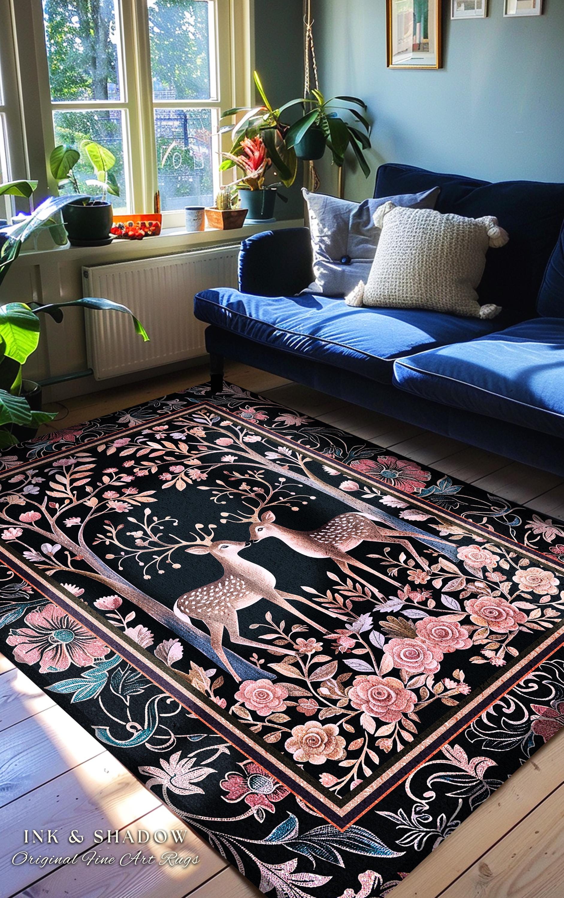 Boho Ethereal Deer Area Rug | Woodland Folklore Accent Rug Magical Fairycore Decor Dark Cottagecore Pastel Gothic Fairytale Rug Lightweight