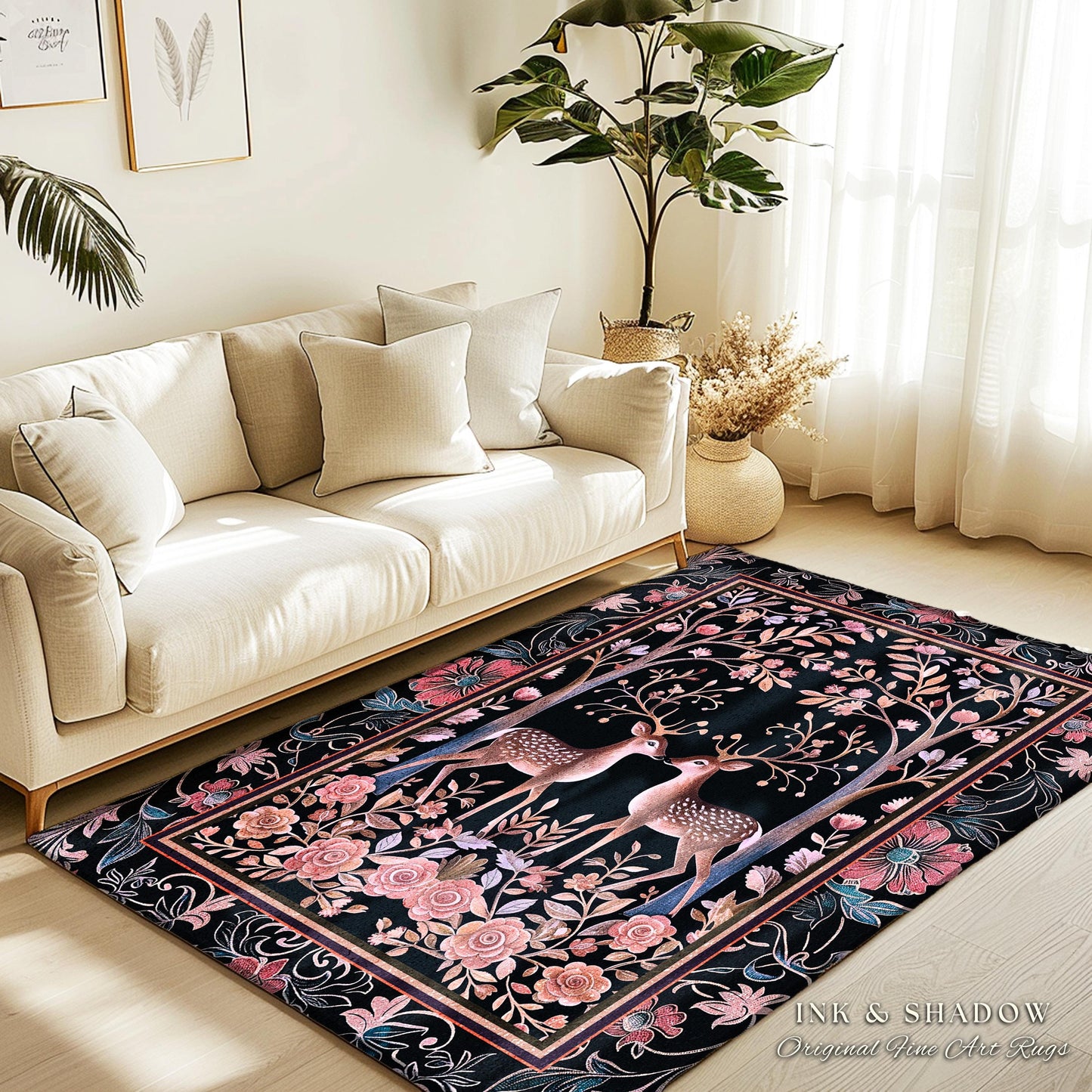 Boho Ethereal Deer Area Rug | Woodland Folklore Accent Rug Magical Fairycore Decor Dark Cottagecore Pastel Gothic Fairytale Rug Lightweight