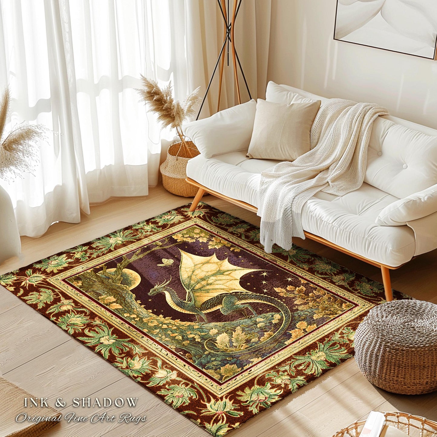 Mystical Dragon Rug Gilded Hygge Antique Moonlit Forest Accent Rug | Vintage Celestial Romantic Baroque Woodland Gothic Art Dark Cottagecore