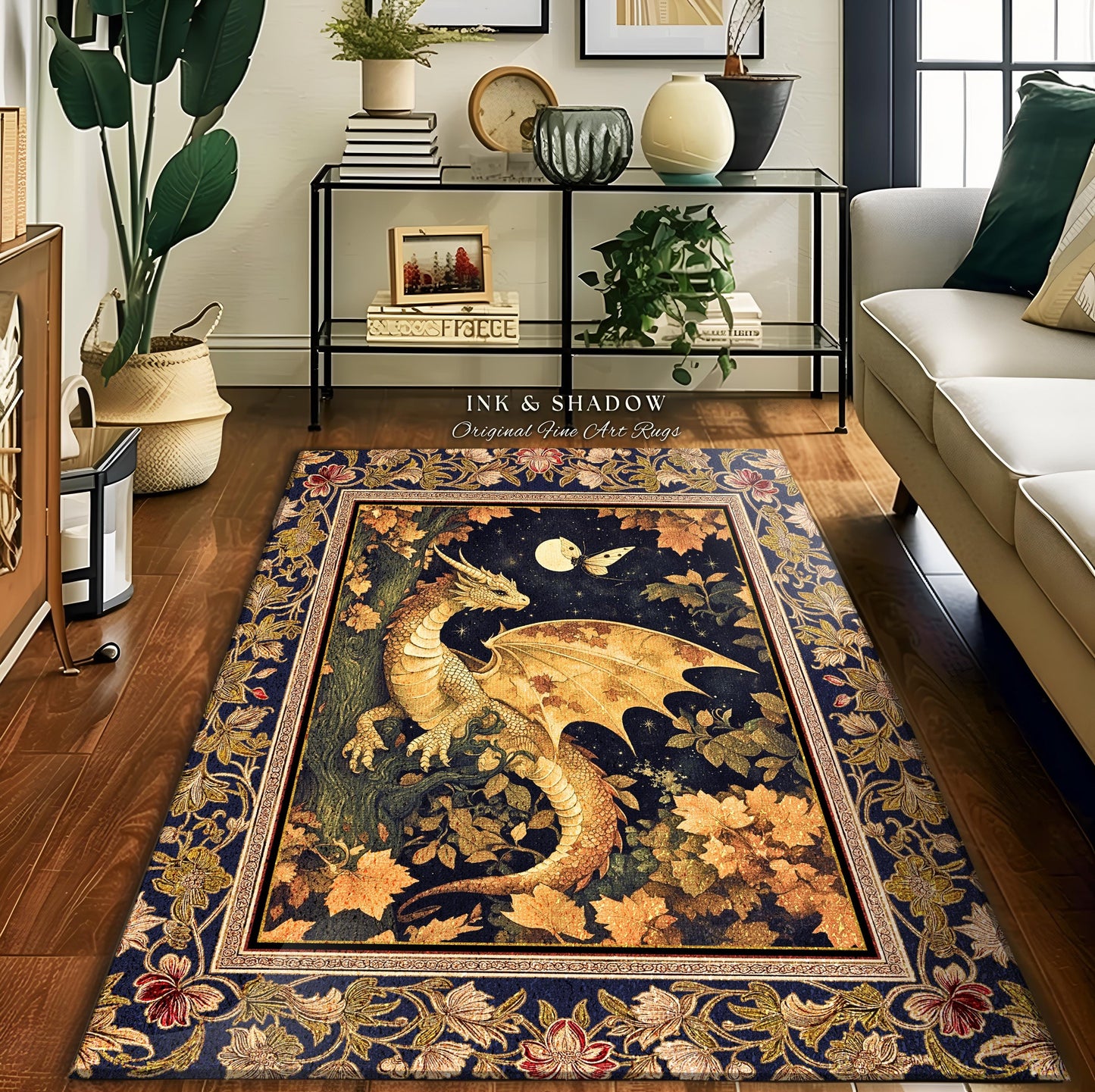 Ethereal Dragon Area Rug Antique Mystical Moonlit Forest Fairytale Decor | Enchanted Fairycore Celestial Night Art Teal Fantasy Accent Rug |