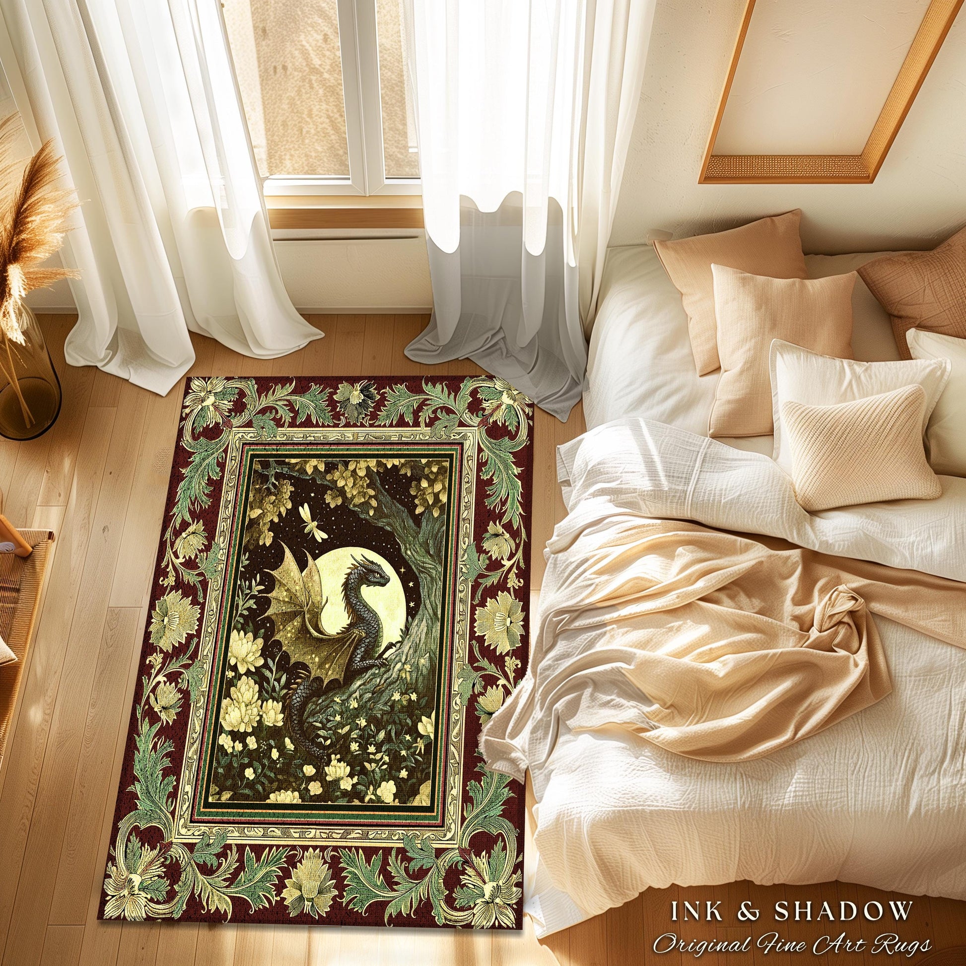 Woodland Gothic Dragon Area Rug Mystical Forest Green Full Moon Celestial Magic Fantasy Rug | Whimsigothic Enchanted Fairytale Bedroom Style