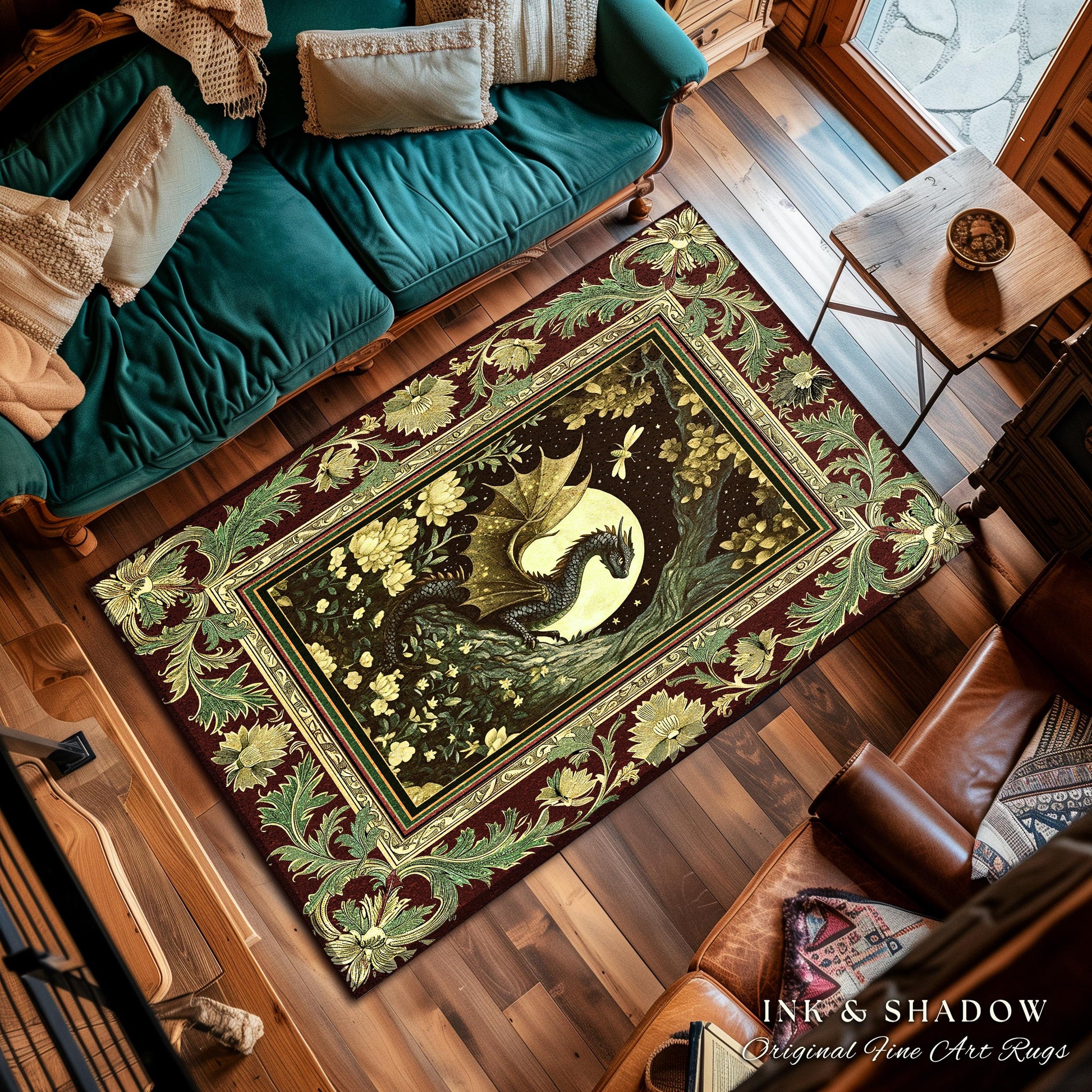 Woodland Gothic Dragon Area Rug Mystical Forest Green Full Moon Celestial Magic Fantasy Rug | Whimsigothic Enchanted Fairytale Bedroom Style