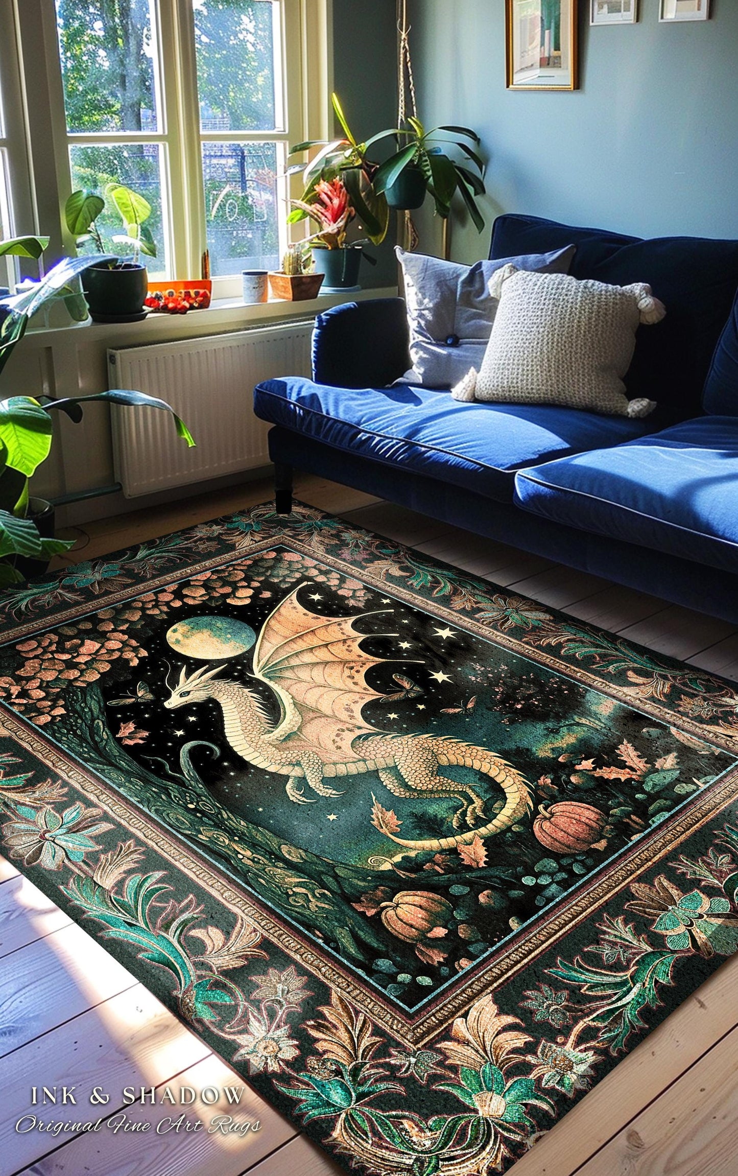 Witchy Whimsigothic Enchanted Night Moonlit Mystic Dragon Rug Celestial Fairytale Home Accent Carpet, Mythical Fantasy Forestcore Art Decor