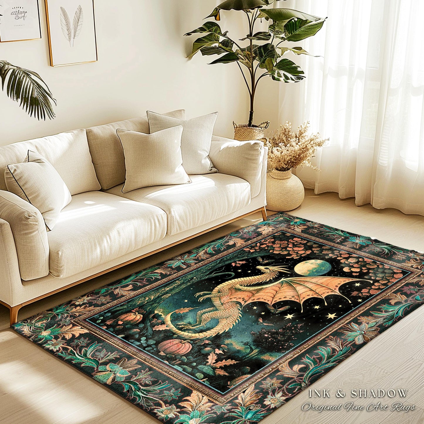 Witchy Whimsigothic Enchanted Night Moonlit Mystic Dragon Rug Celestial Fairytale Home Accent Carpet, Mythical Fantasy Forestcore Art Decor