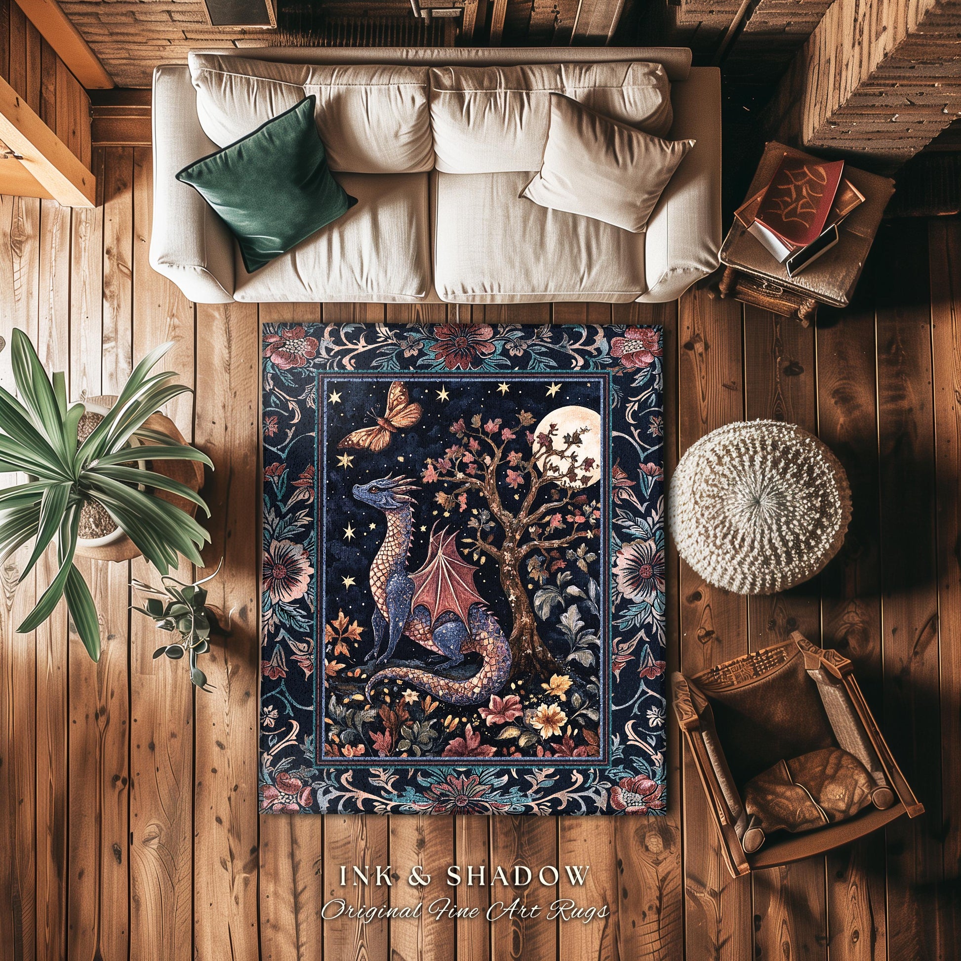 Enchanted Woodland Dragon Rug Mystical Night Sky Decor | Moonlit Forest Whimsigothic Area Rug Celestial Dark Academia Fantasy Home Accent |