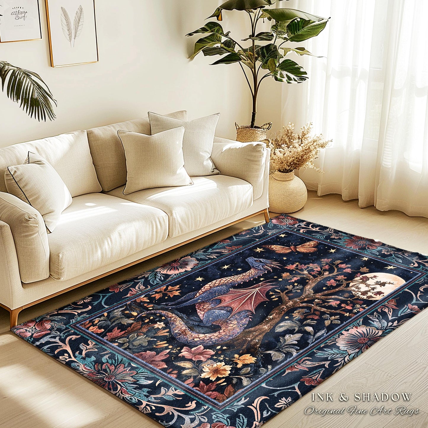 Enchanted Woodland Dragon Rug Mystical Night Sky Decor | Moonlit Forest Whimsigothic Area Rug Celestial Dark Academia Fantasy Home Accent |