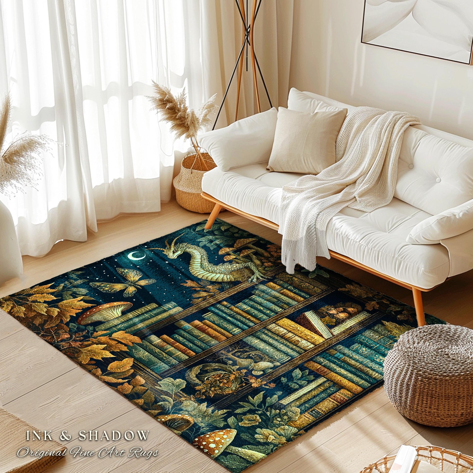 Whimsical Fantasy Bookshelf Enchanted Forest Fairycore Dragon Rug | Romantic Dark Academia Woodland Fairytale Bookish Booknook Home Decor