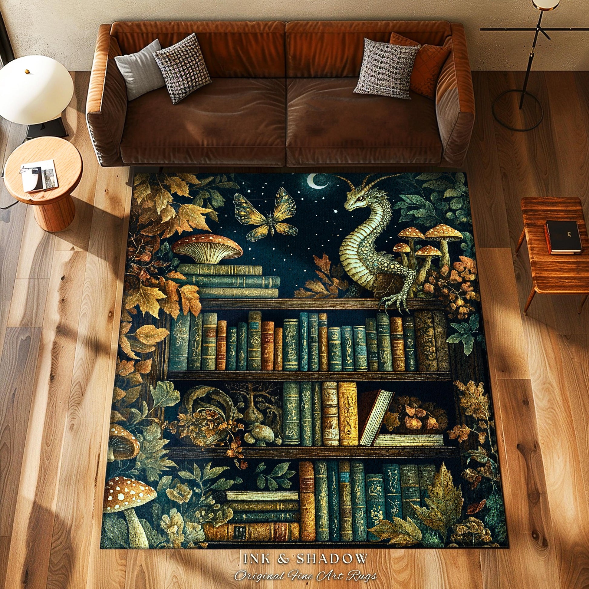 Whimsical Fantasy Bookshelf Enchanted Forest Fairycore Dragon Rug | Romantic Dark Academia Woodland Fairytale Bookish Booknook Home Decor