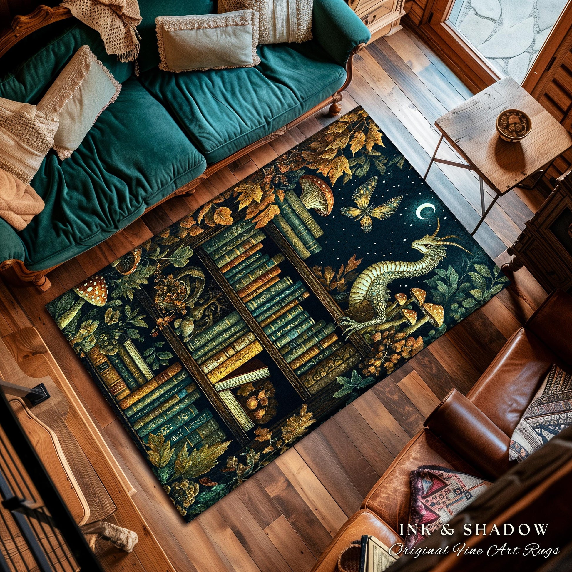 Whimsical Fantasy Bookshelf Enchanted Forest Fairycore Dragon Rug | Romantic Dark Academia Woodland Fairytale Bookish Booknook Home Decor