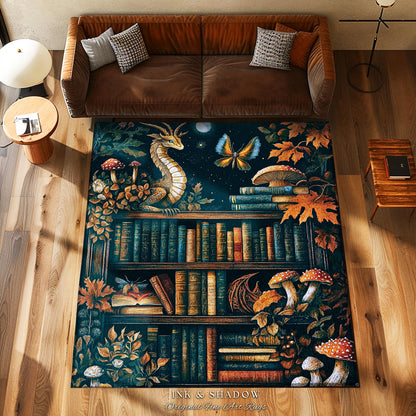 Midnight Blue Magical Literary Dragon Rug Mystic Moon Bookish Home, Whimsigothic Magic Bookshelf Book Lovers Folklore Fairytale Academia Art