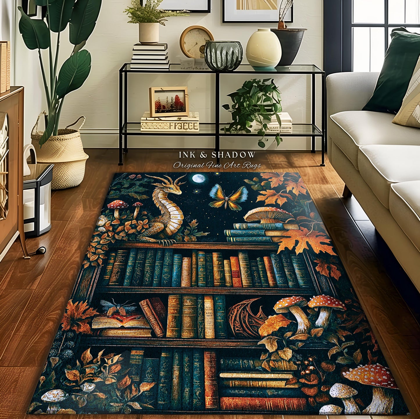 Midnight Blue Magical Literary Dragon Rug Mystic Moon Bookish Home, Whimsigothic Magic Bookshelf Book Lovers Folklore Fairytale Academia Art