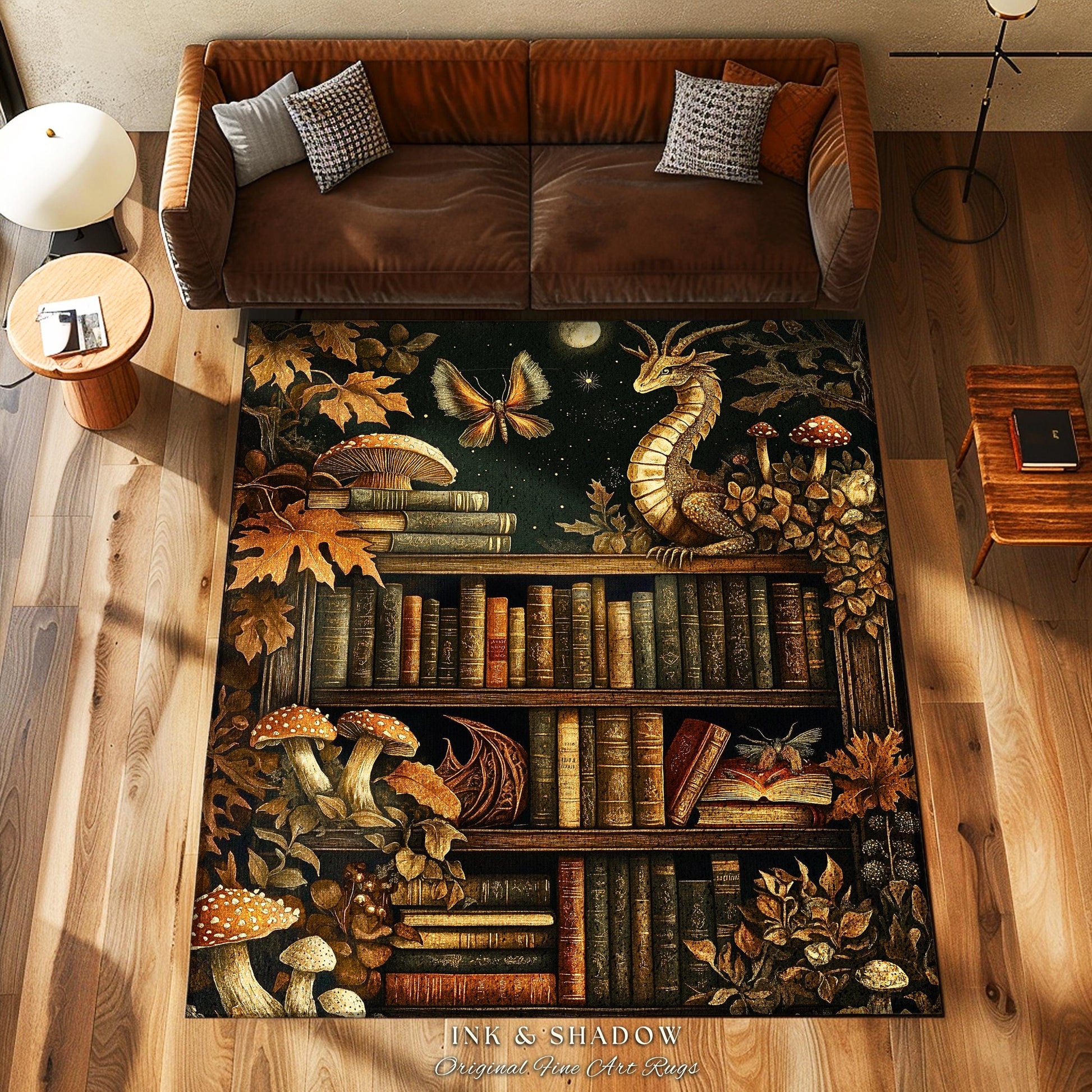 Vintage Dragon Bookshelf Rug Whimsical Dark Academia Folklore Fantasy, Enchanted Forest Mushroom Cottagecore Fairytale Literary Accent Art