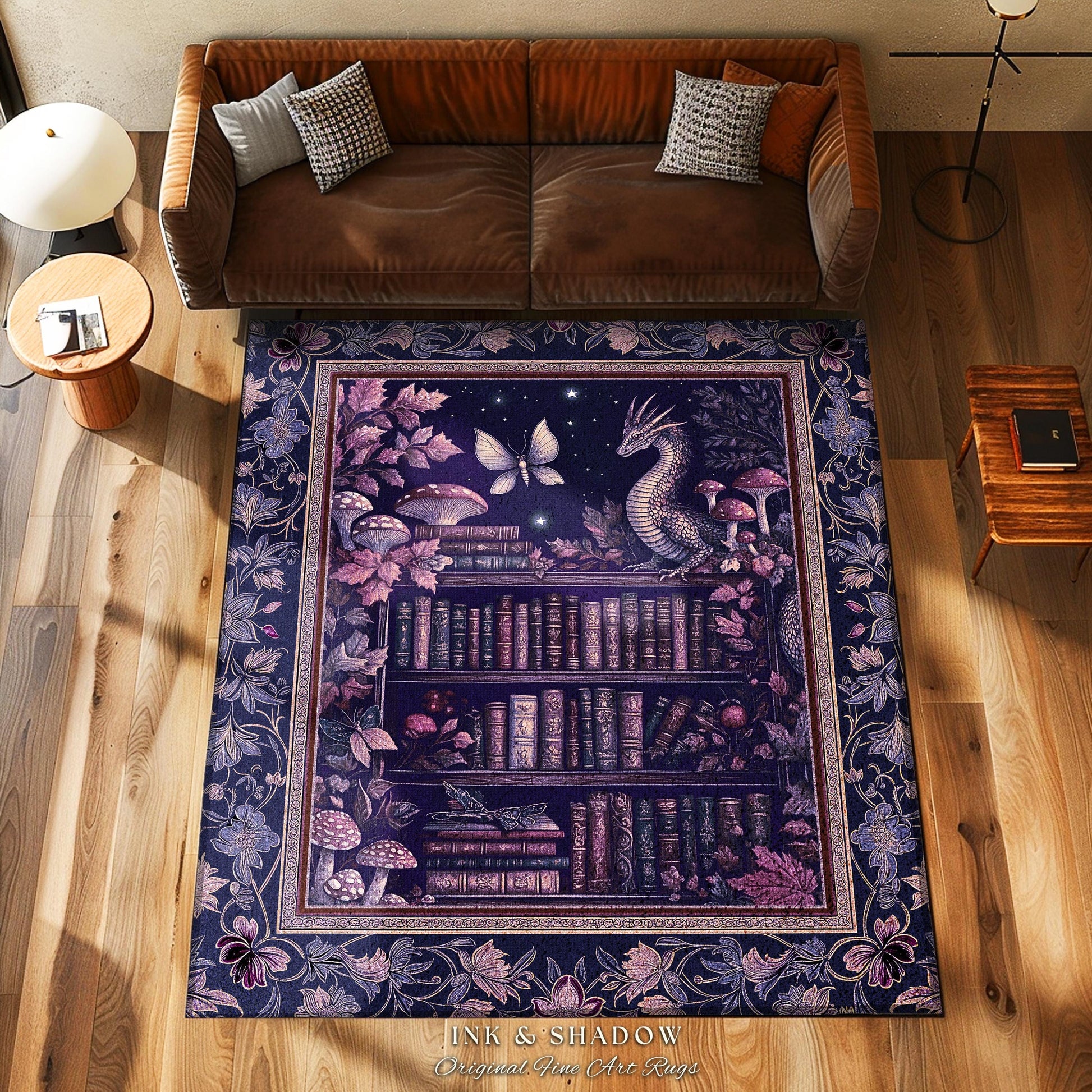 Fairytale Books & Dragon Rug Mystical Cottagecore Purple Decor | Whimsical Witchy Reading Nook Enchanted Victorian Academia Art Area Rug