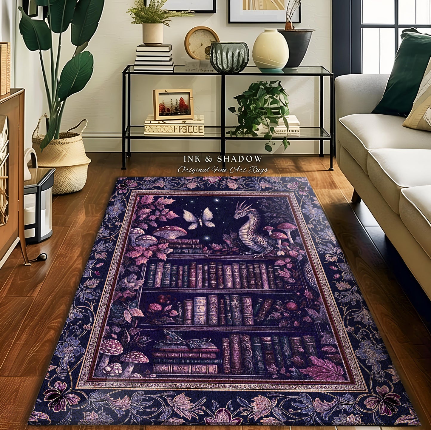 Fairytale Books & Dragon Rug Mystical Cottagecore Purple Decor | Whimsical Witchy Reading Nook Enchanted Victorian Academia Art Area Rug