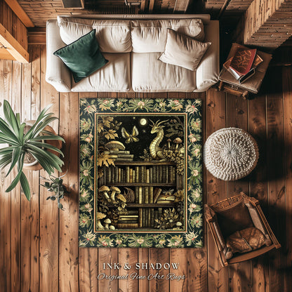 Enchanted Library Dragon Rug Mystical Dark Academia Bookshelf Fantasy Folklore Decor | Vintage Gothic Cottagecore Bookish Reading Nook Art