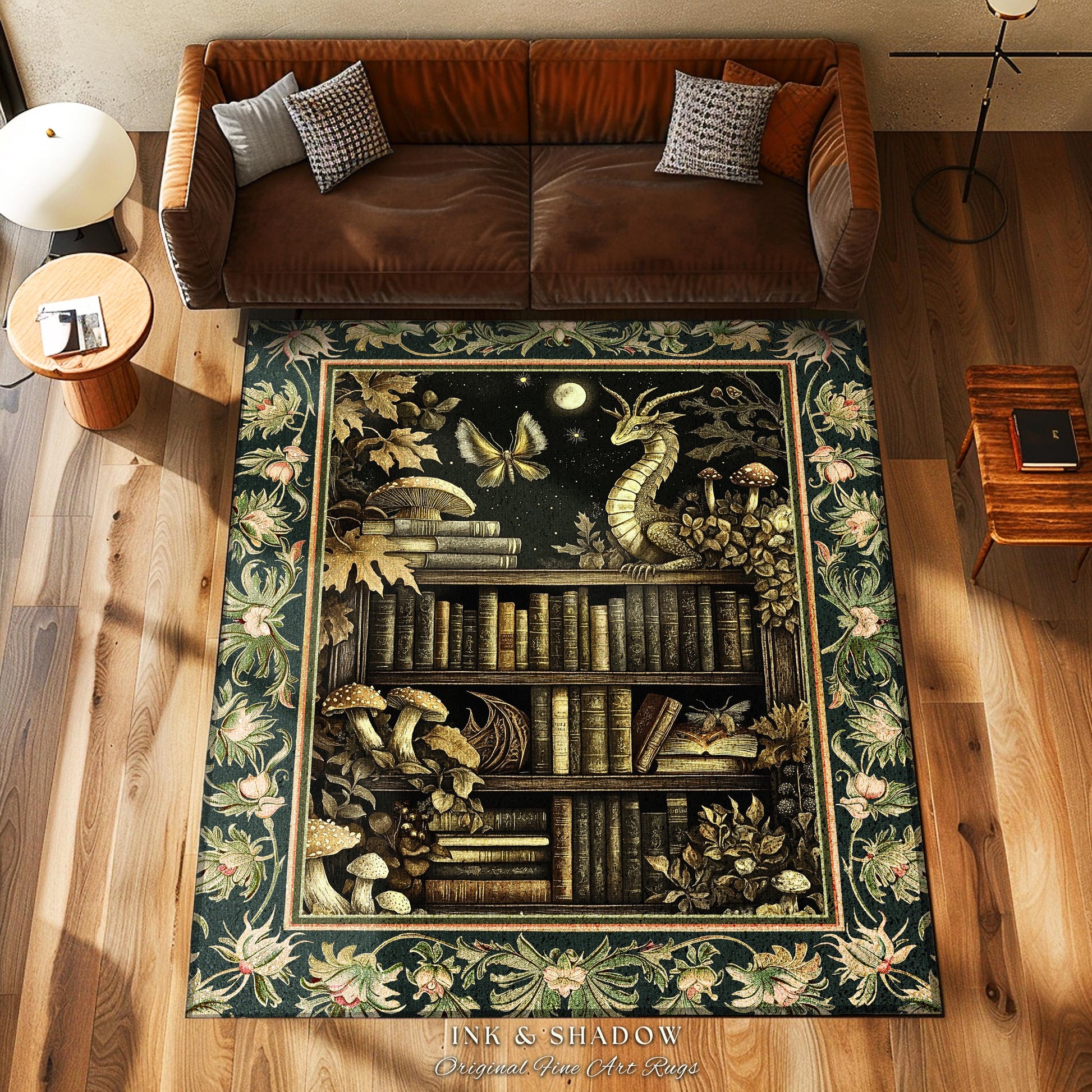 Enchanted Library Dragon Rug Mystical Dark Academia Bookshelf Fantasy Folklore Decor | Vintage Gothic Cottagecore Bookish Reading Nook Art