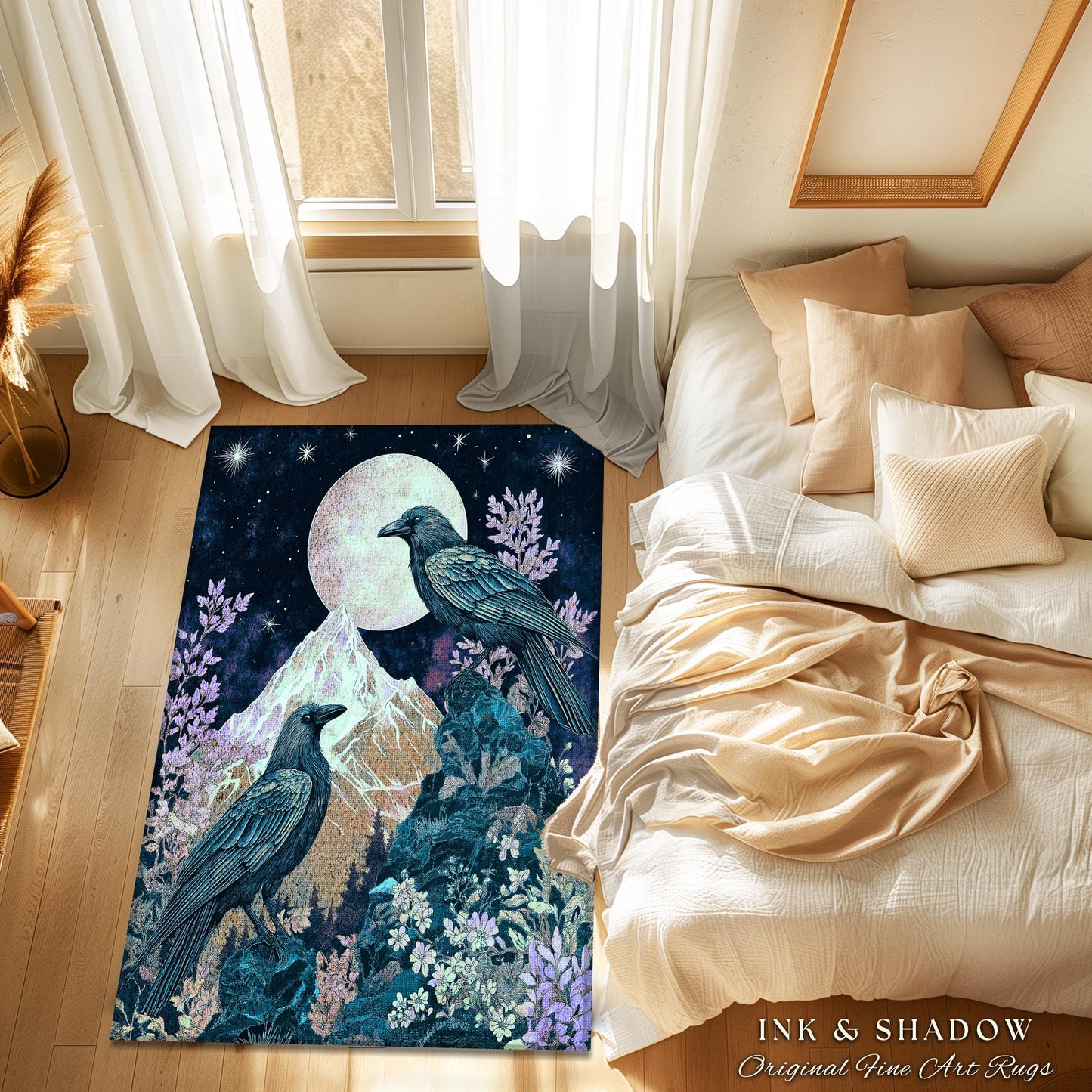 Pastel Gothic Crow Rug | Floral Celestial Crowcore Area Rug Whimsical Enchantment Floral Woodland Goblincore Raven Bedroom Ethereal Accent |