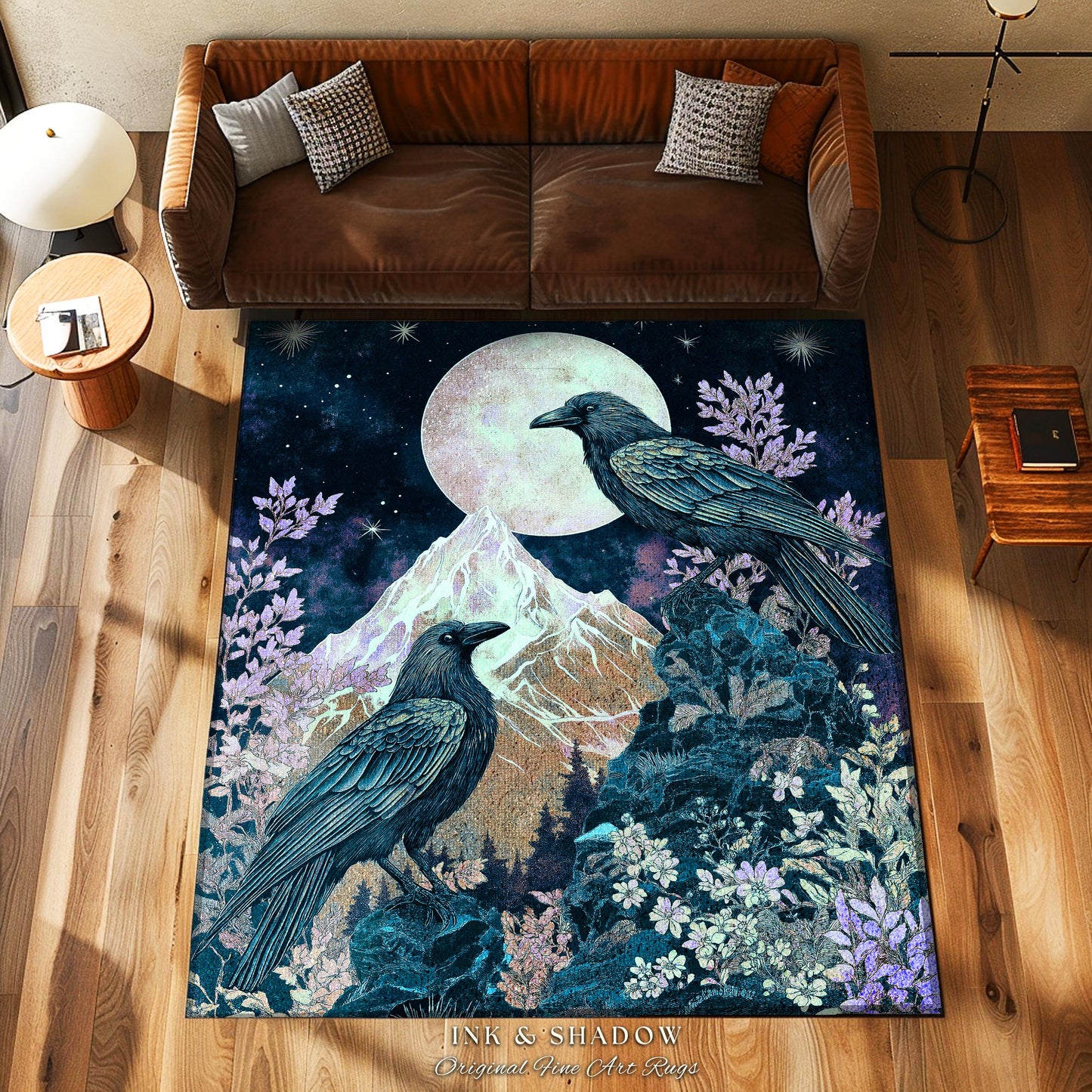 Pastel Gothic Crow Rug | Floral Celestial Crowcore Area Rug Whimsical Enchantment Floral Woodland Goblincore Raven Bedroom Ethereal Accent |