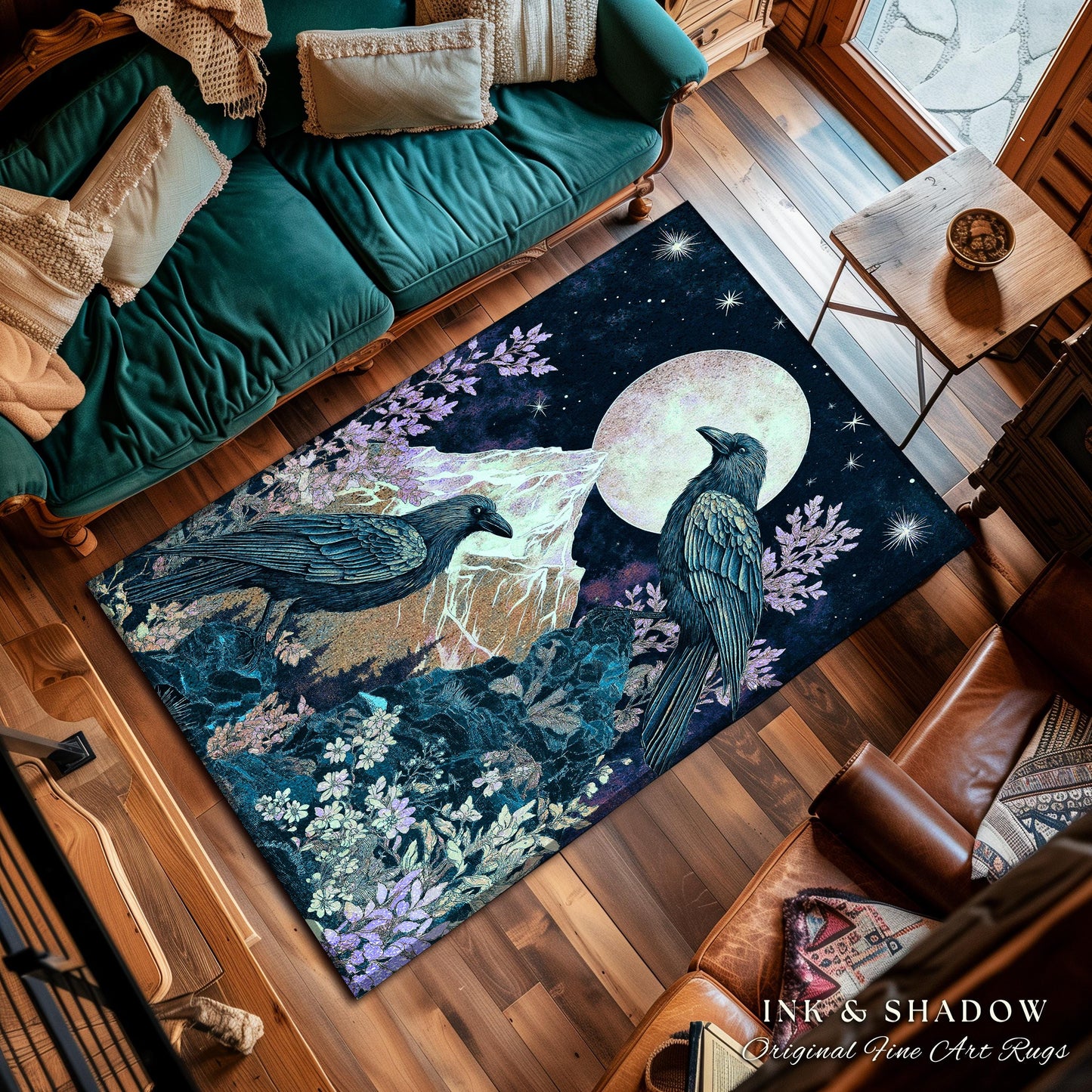 Pastel Gothic Crow Rug | Floral Celestial Crowcore Area Rug Whimsical Enchantment Floral Woodland Goblincore Raven Bedroom Ethereal Accent |