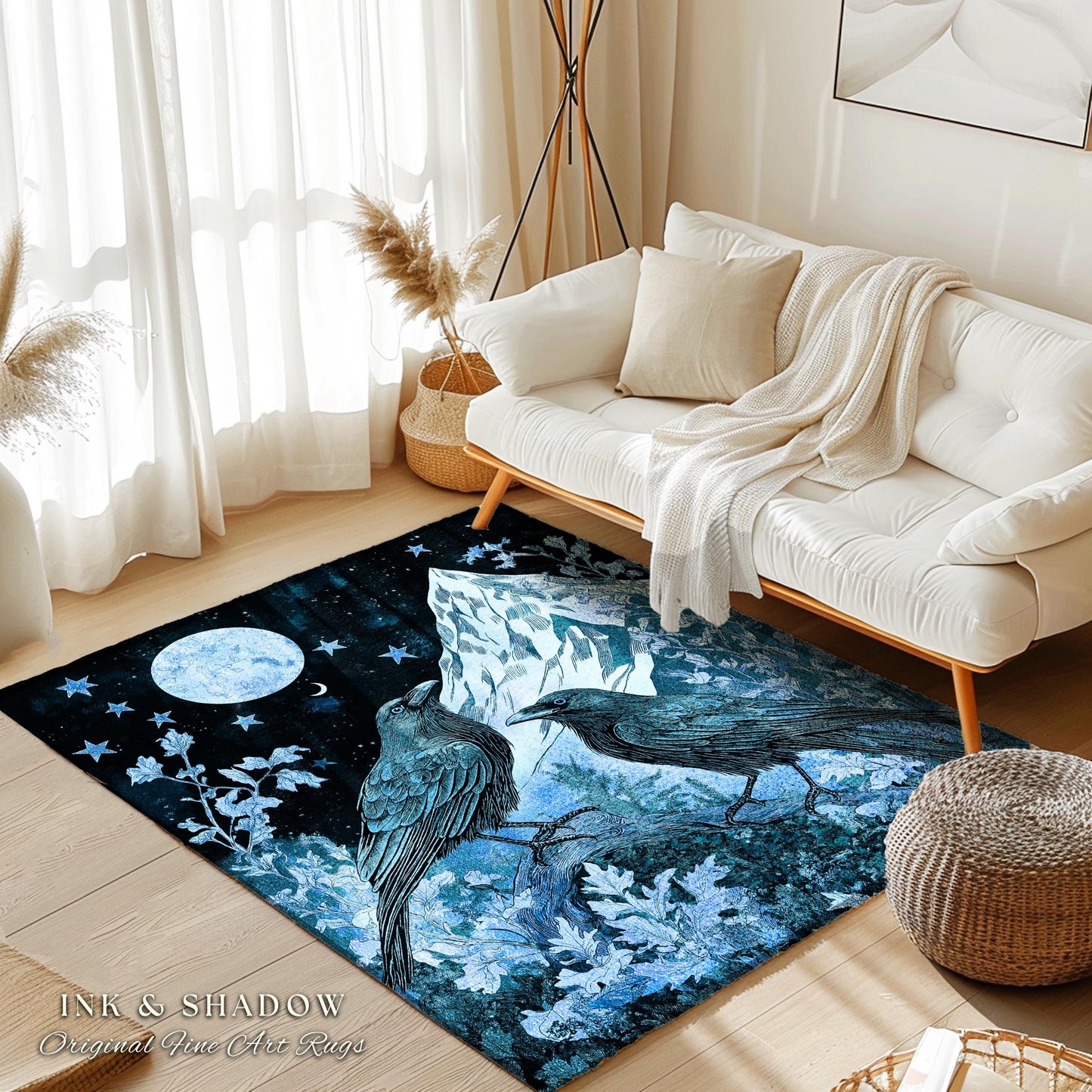 Moody Mountain Crow Accent Rug | Icy Blue Crowcore Gothic Enchantment Area Rug Whimsical Woodland Goblincore Bedroom Raven Magical Theme |