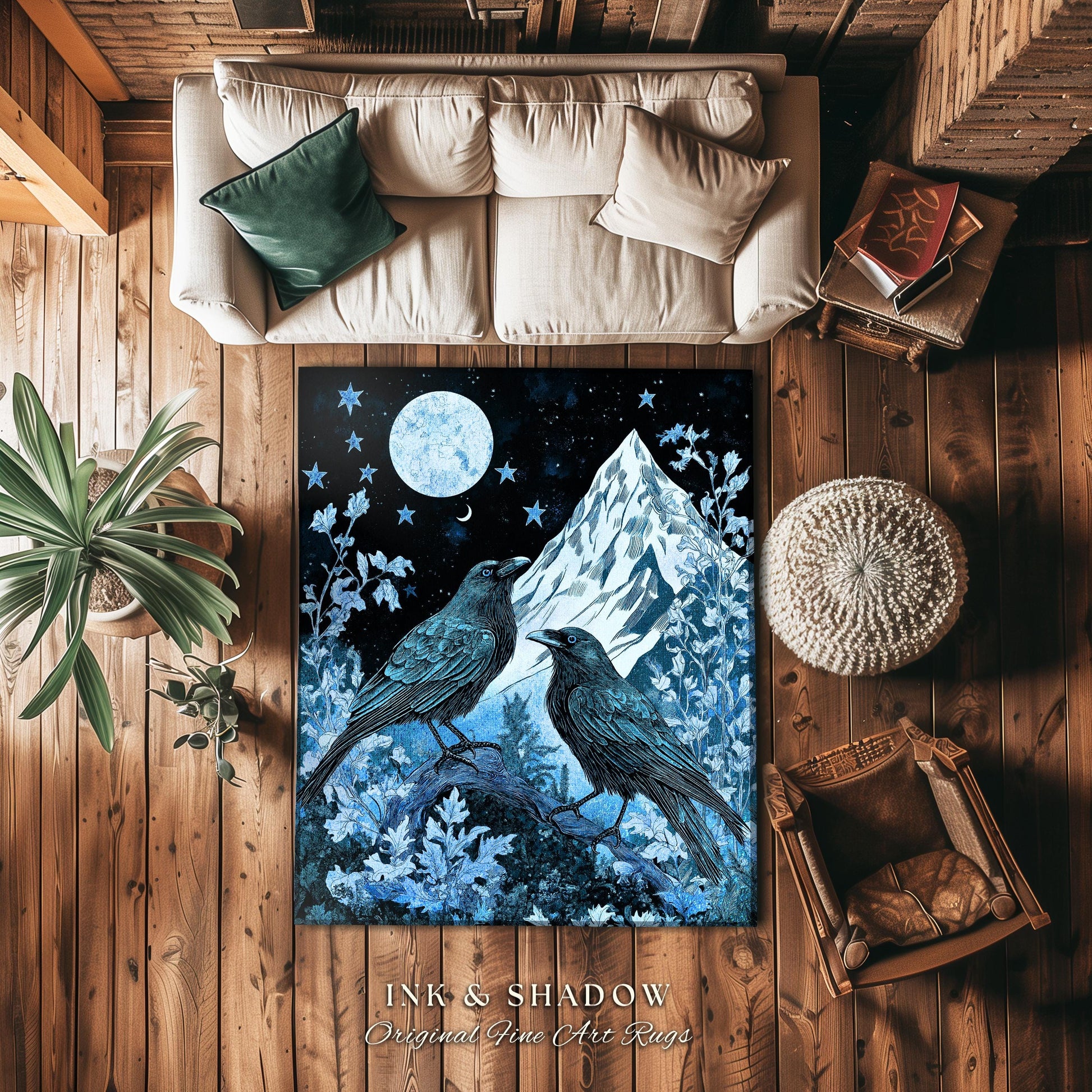 Moody Mountain Crow Accent Rug | Icy Blue Crowcore Gothic Enchantment Area Rug Whimsical Woodland Goblincore Bedroom Raven Magical Theme |